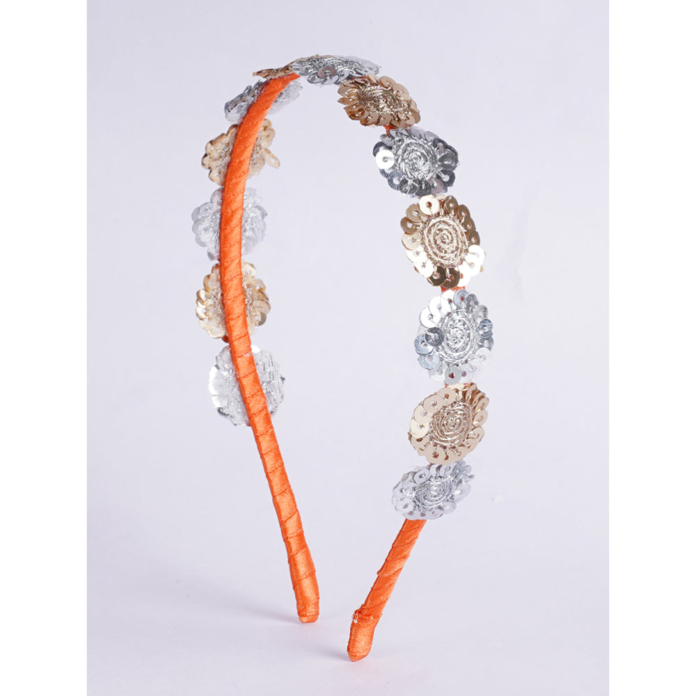 Floral Threaded Sequin Hairband - Orange, Gold, Silver