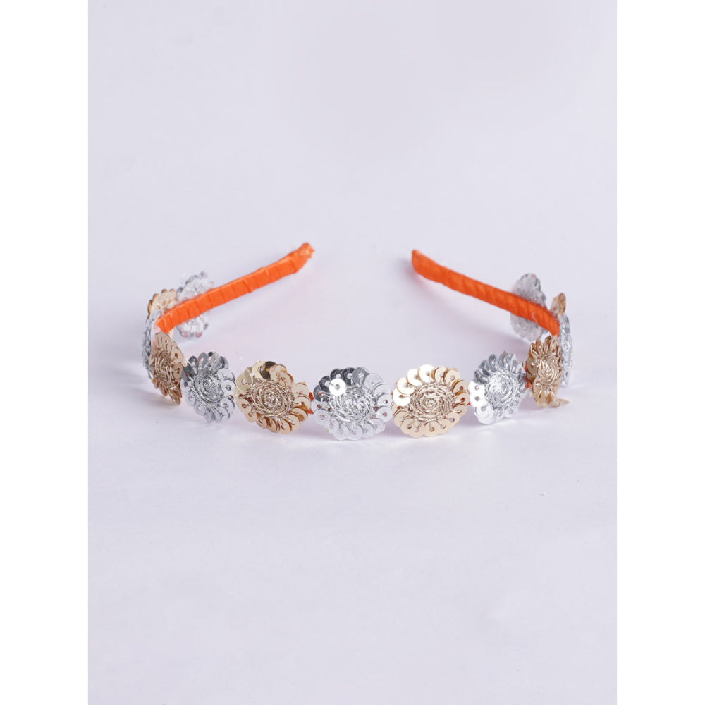 Floral Threaded Sequin Hairband - Orange, Gold, Silver