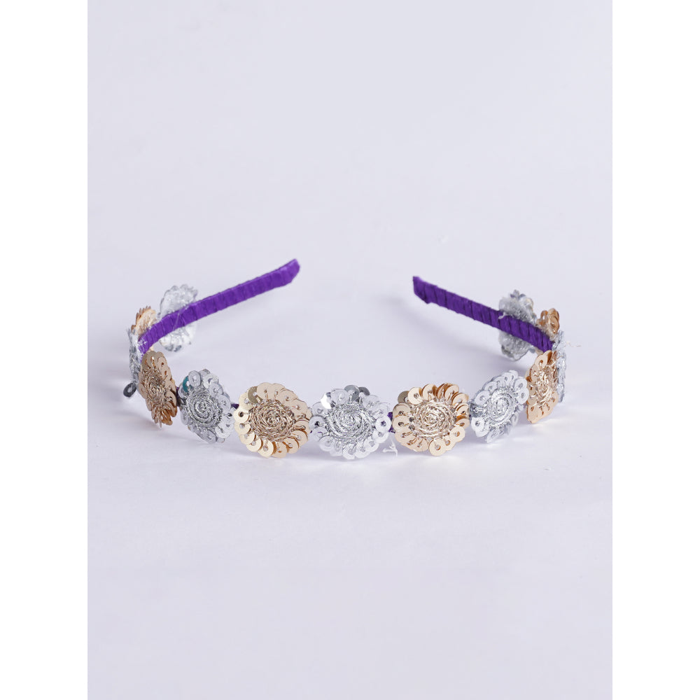 Floral Threaded Sequin Hairband - Purple, Gold, Silver