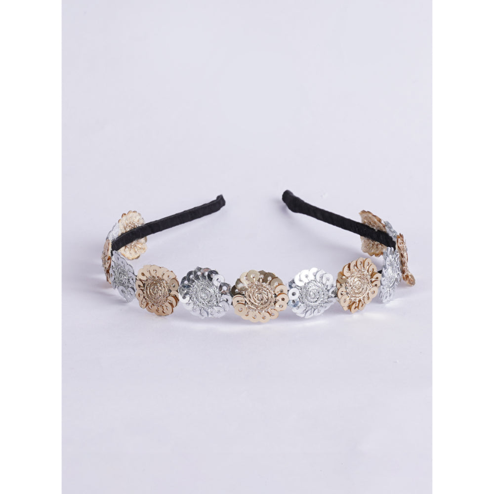 Floral Threaded Sequin Hairband - Black, Gold, Silver