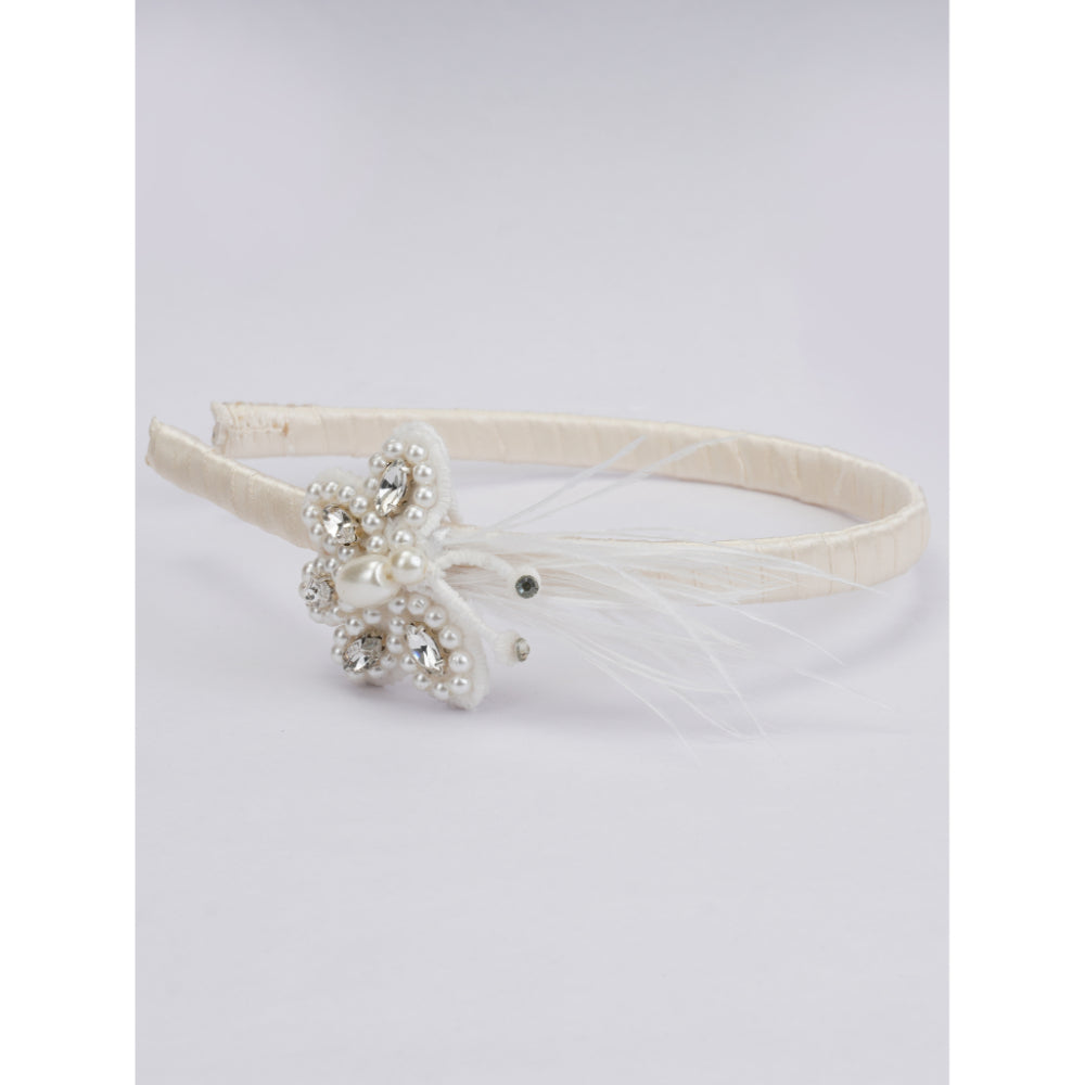 Feathered Elegance Satin Hairband With Crystal Butterfly- White