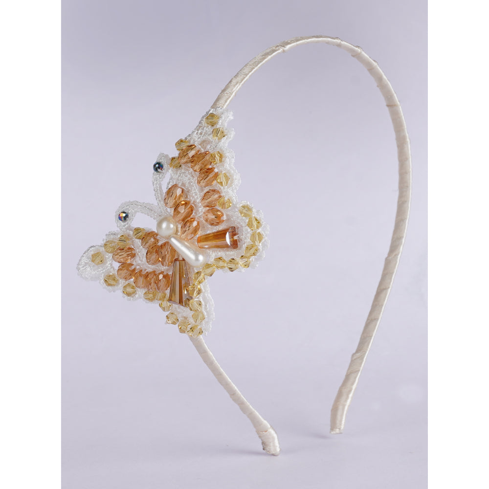 Enchanting Butterfly Grace Hairband - Cotton, Pearls, And Glass Beads (White, Brown, Cream)