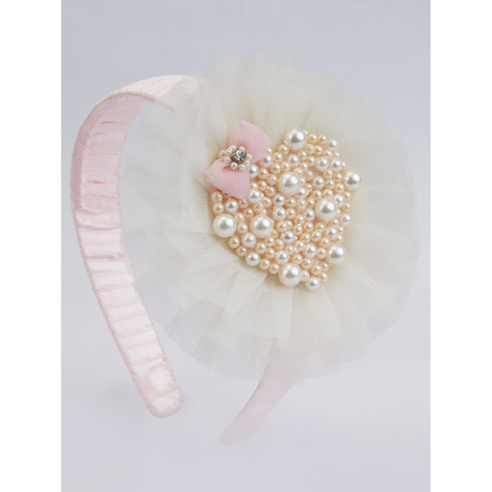 Satin Pearl Heart Hairband - Exquisite Elegance - Beads, Pearls, and Pink Bow - Cream, Pink