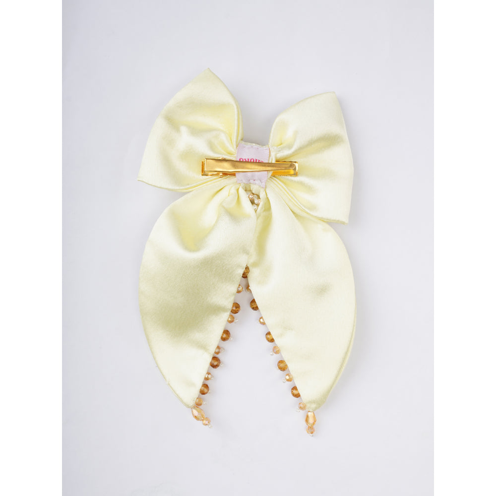 Gilded Satin Bow Hairclip - Golden Glass Beads And Pearls - Lemon Yellow, Gold