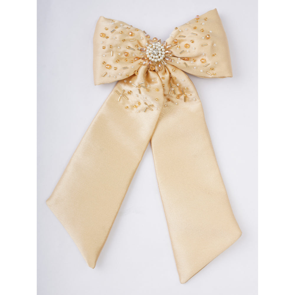 Beaded Beauty Satin Bow Hairclip - Floral Clusters - Beige, White
