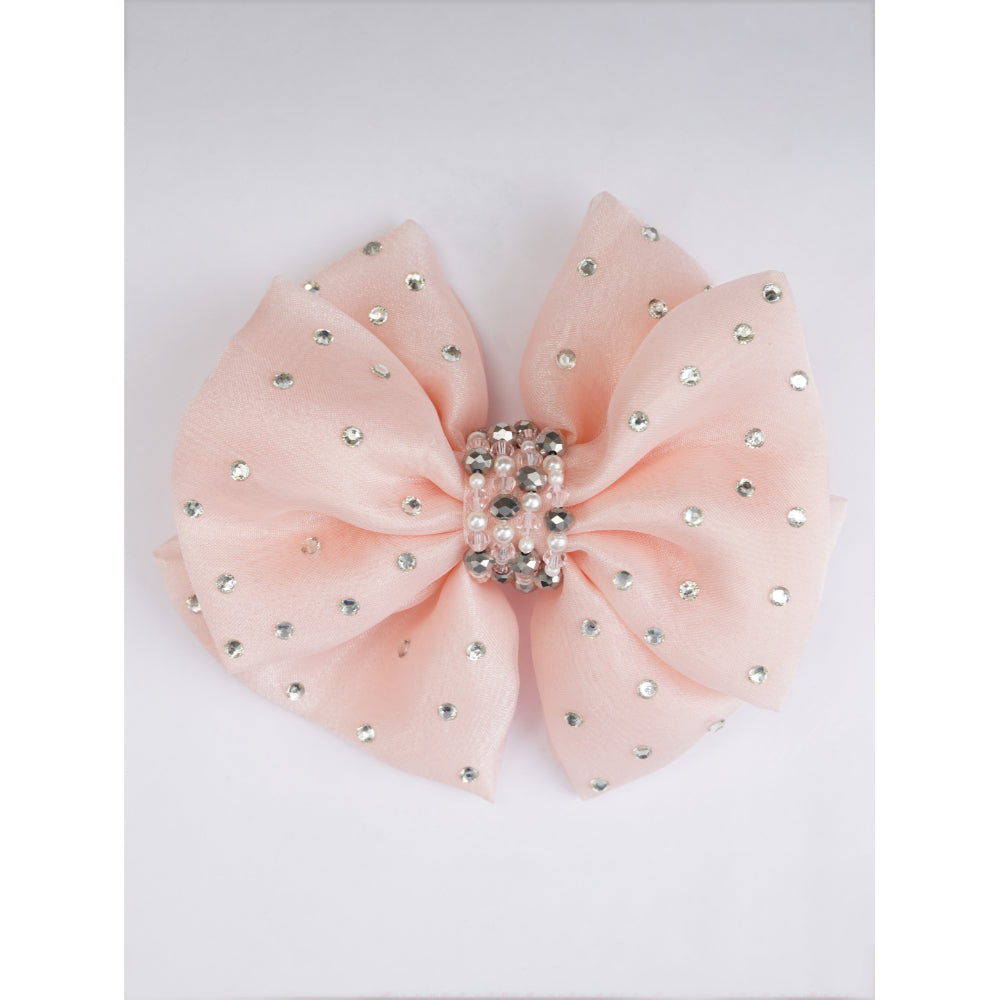 Double Organza Bow Hairclip - Glass Crystal Bead Embellishments - Peach, OffWhite