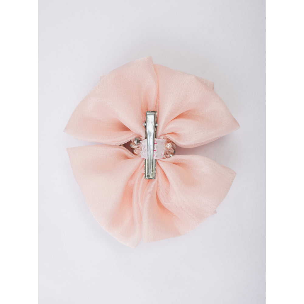 Double Organza Bow Hairclip - Glass Crystal Bead Embellishments - Peach, OffWhite