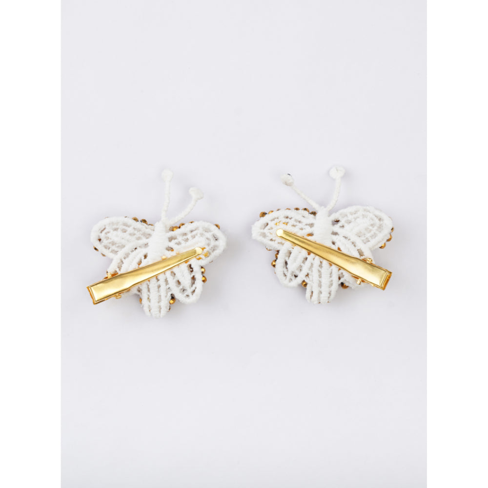 Set of 2 Sparkle Duo Butterfly Beaded Alligator Hairclip - Gold, White