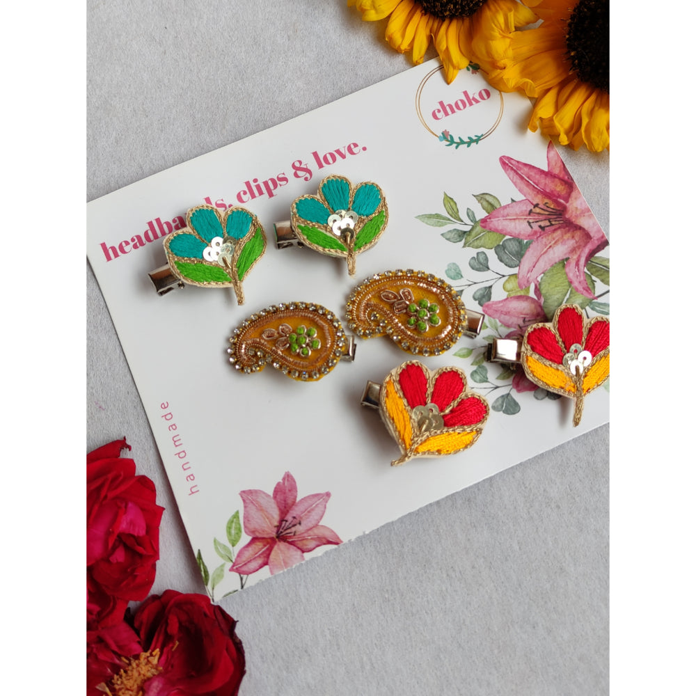 Set Of 6 - Ethnic Elegance Hairclip Collection With Metallic Embroidery And Sequins - Green, Orange, Sandalwood Yellow