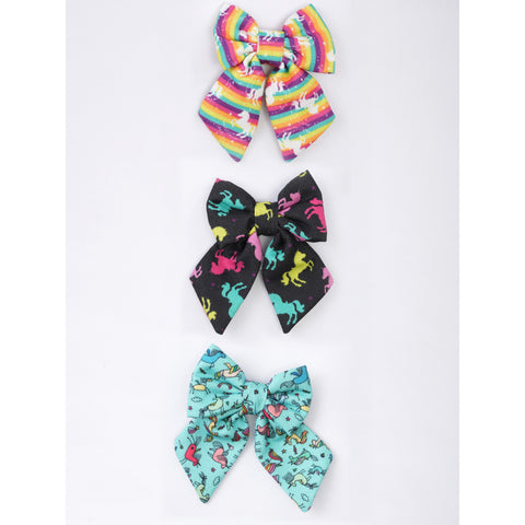 Set Of 3 Whimsical Bow Trio Hairclips In Printed Cotton (Black, Baby Blue, Multicolor)