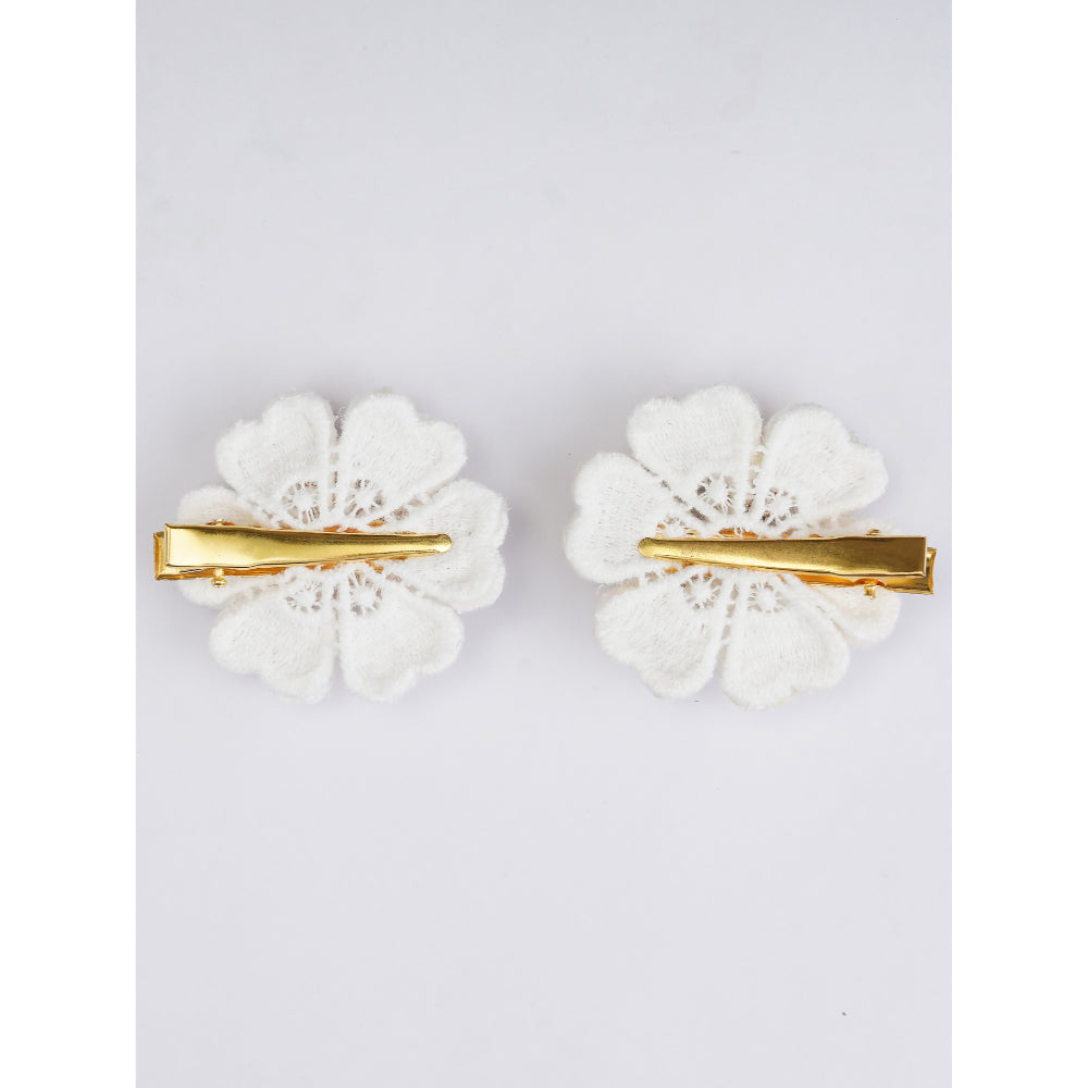 Set of 2 - Golden Touch Pearl Flower Beaded Hairclip - Off White, Gold