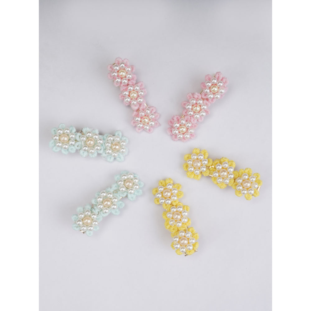 Set of 6 - Flowery Cotton And Pearl Hairclip Set - 3 Pairs (Baby Pink, Soft Blue, Yellow)