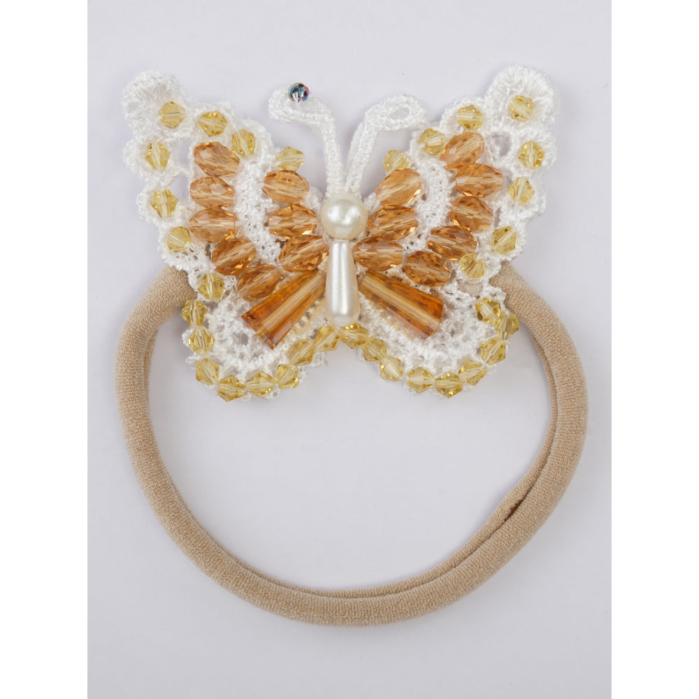 Golden Glow Butterfly Hairtie Hairband - Glass Crystal Beads And Pearls - White and Yellow