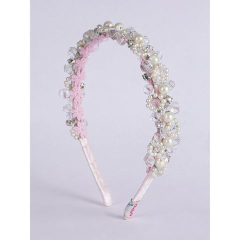 Garden Of Satin Hairband With Pearl And Glass Bead Embellishments - Pink, Cream, Clear