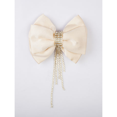 Crystal Stone Embellished Satin Bow Alligator Hairclip - Cream, Gold, Clear