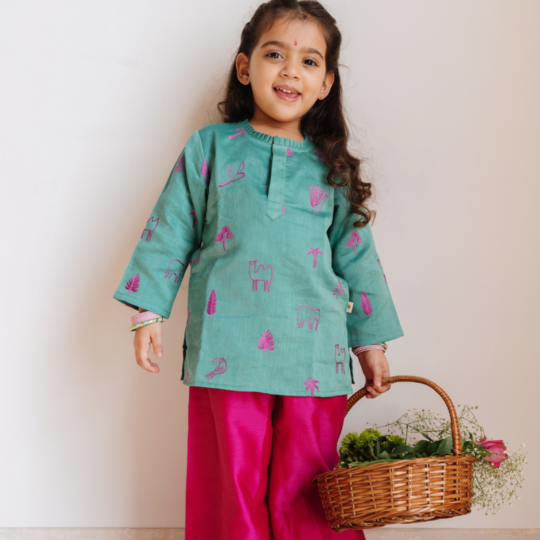 Chanderi Kurti Pants Set | Embroidered - Magical Jungle (Emerald)
