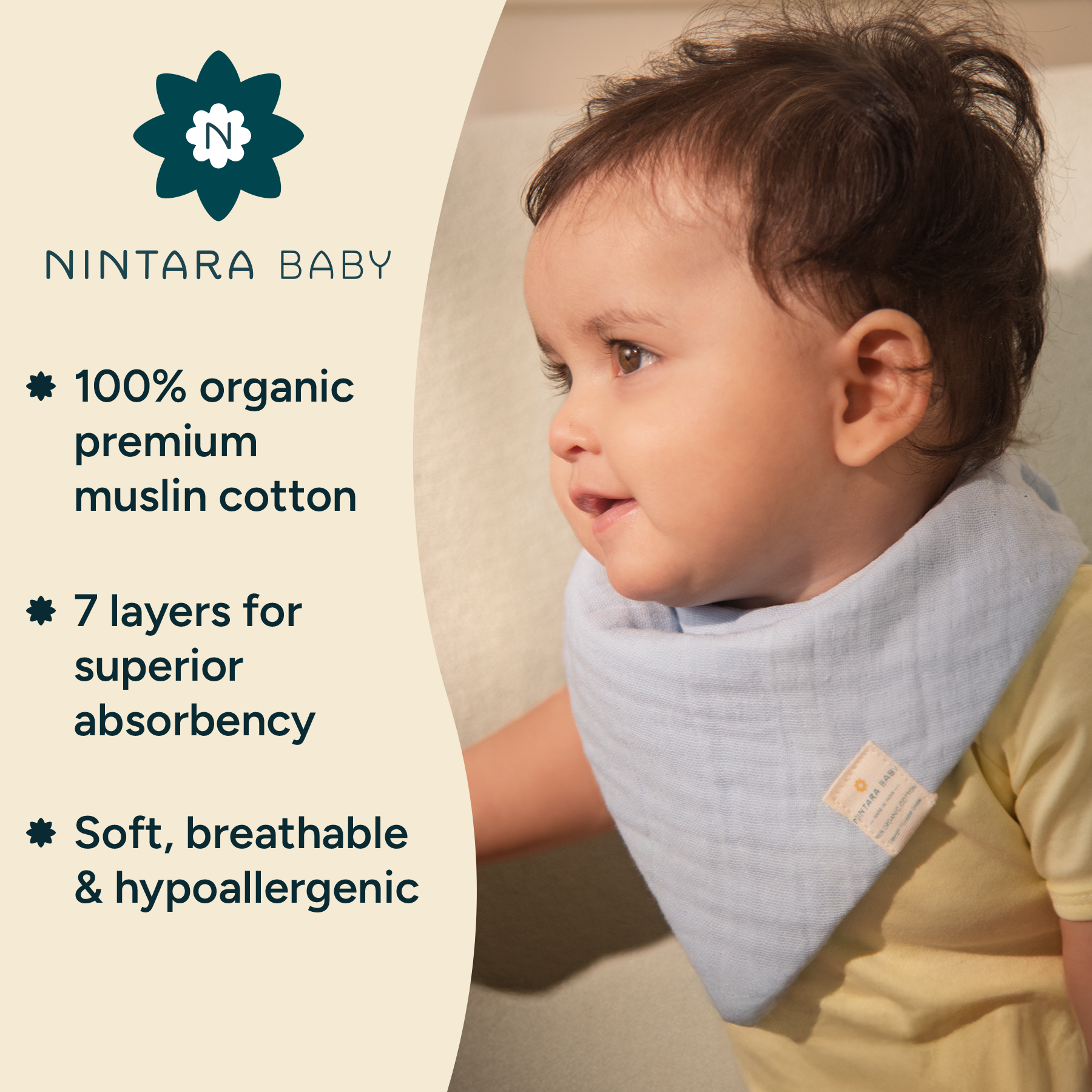 Nintara Baby Bandana Bibs - 100% Organic Premium Muslin Cotton, Absorbent, Soft, Adjustable Snap Buttons, Reversible, 6-Layers for Drooling, Teething, Feeding, Gifts for Babies Ages 0-3