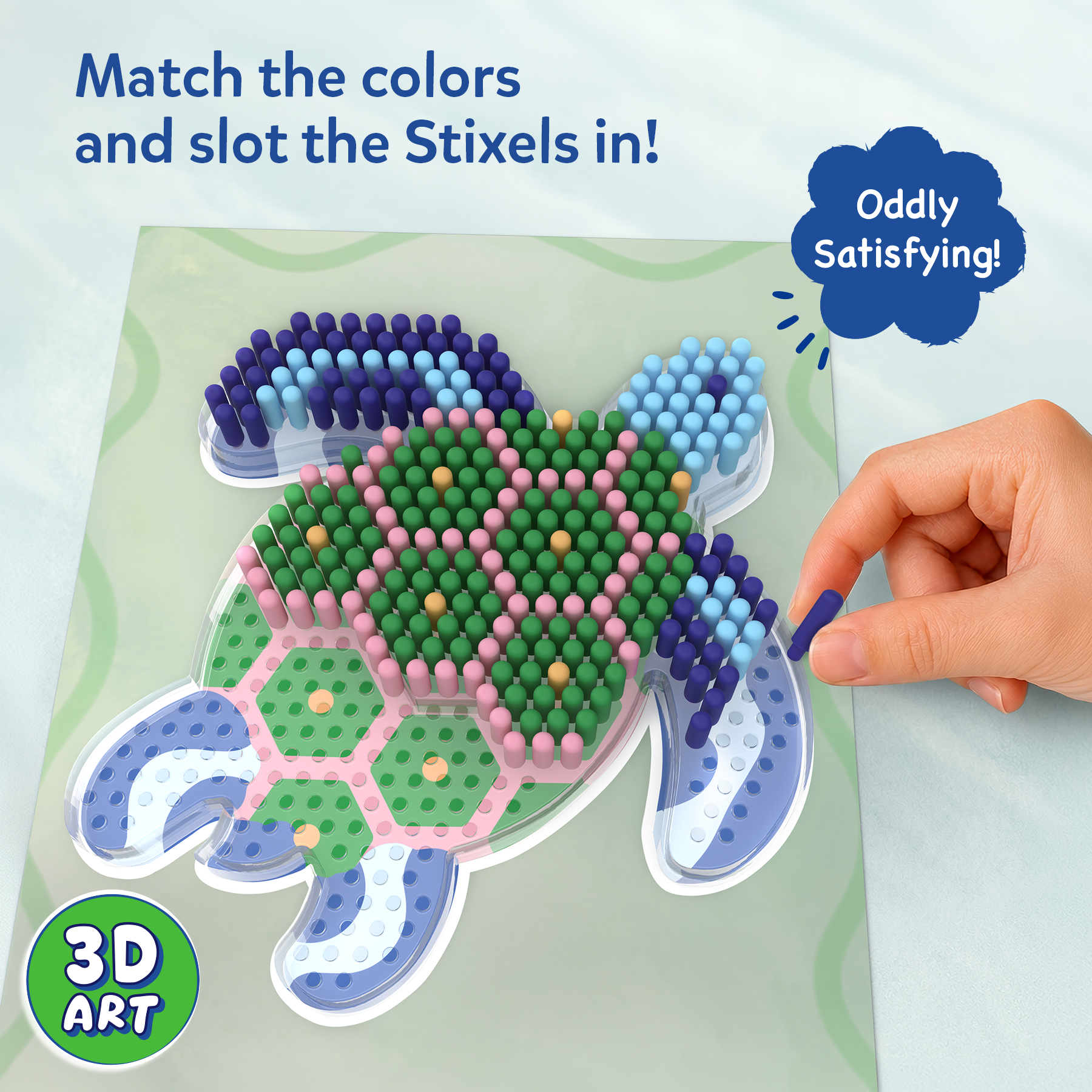 Turtle-shaped activity set with colorful beads and a hand placing a bead, on a light blue background.