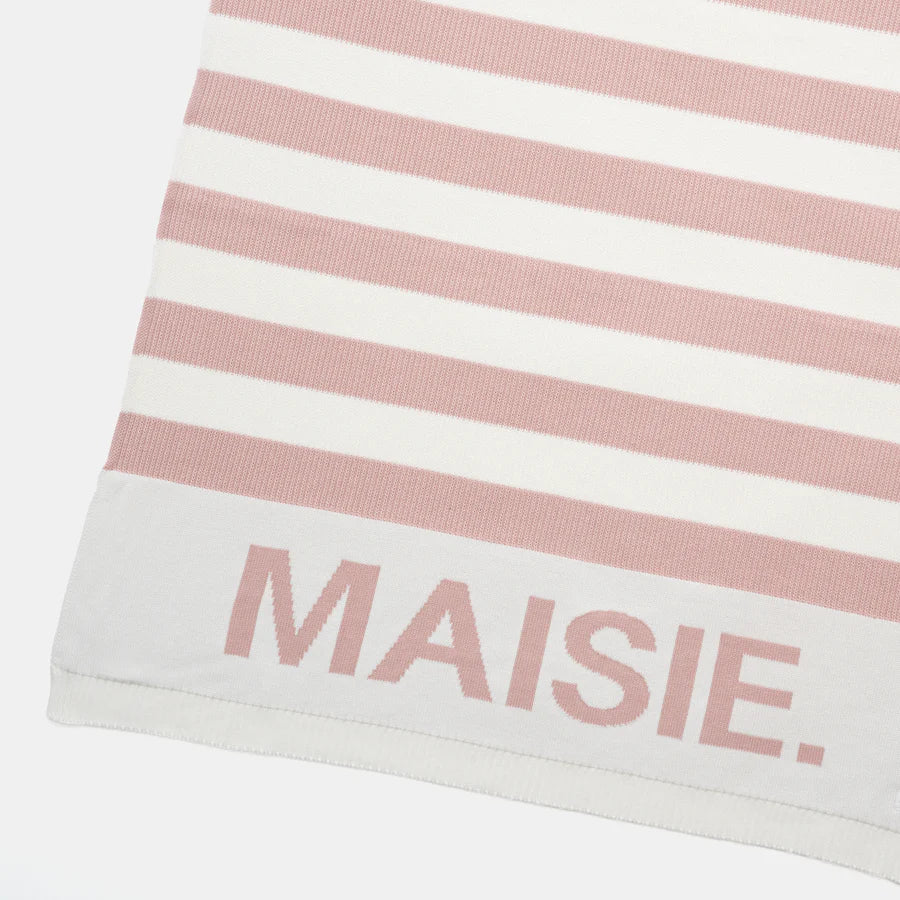 Hamptons Stripe Name Blanket -  Ivory; Stripe: Ballet; Letter: Ballet