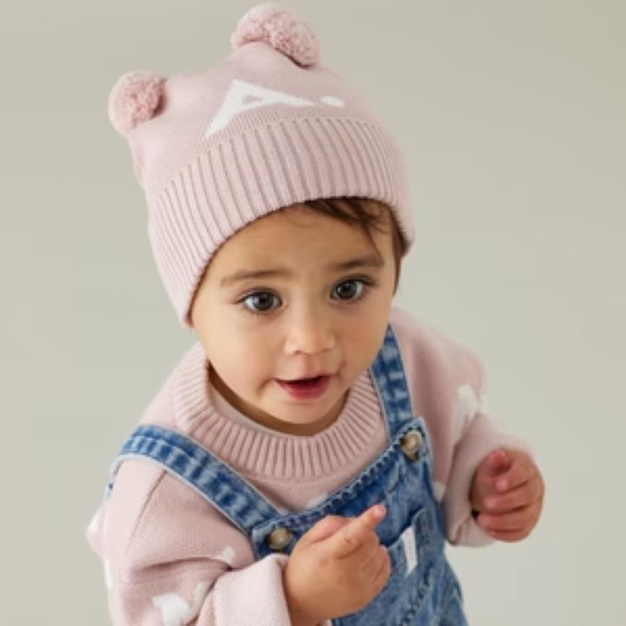 Double Pom Pom Beanie - Ballet; Letter: Ivory