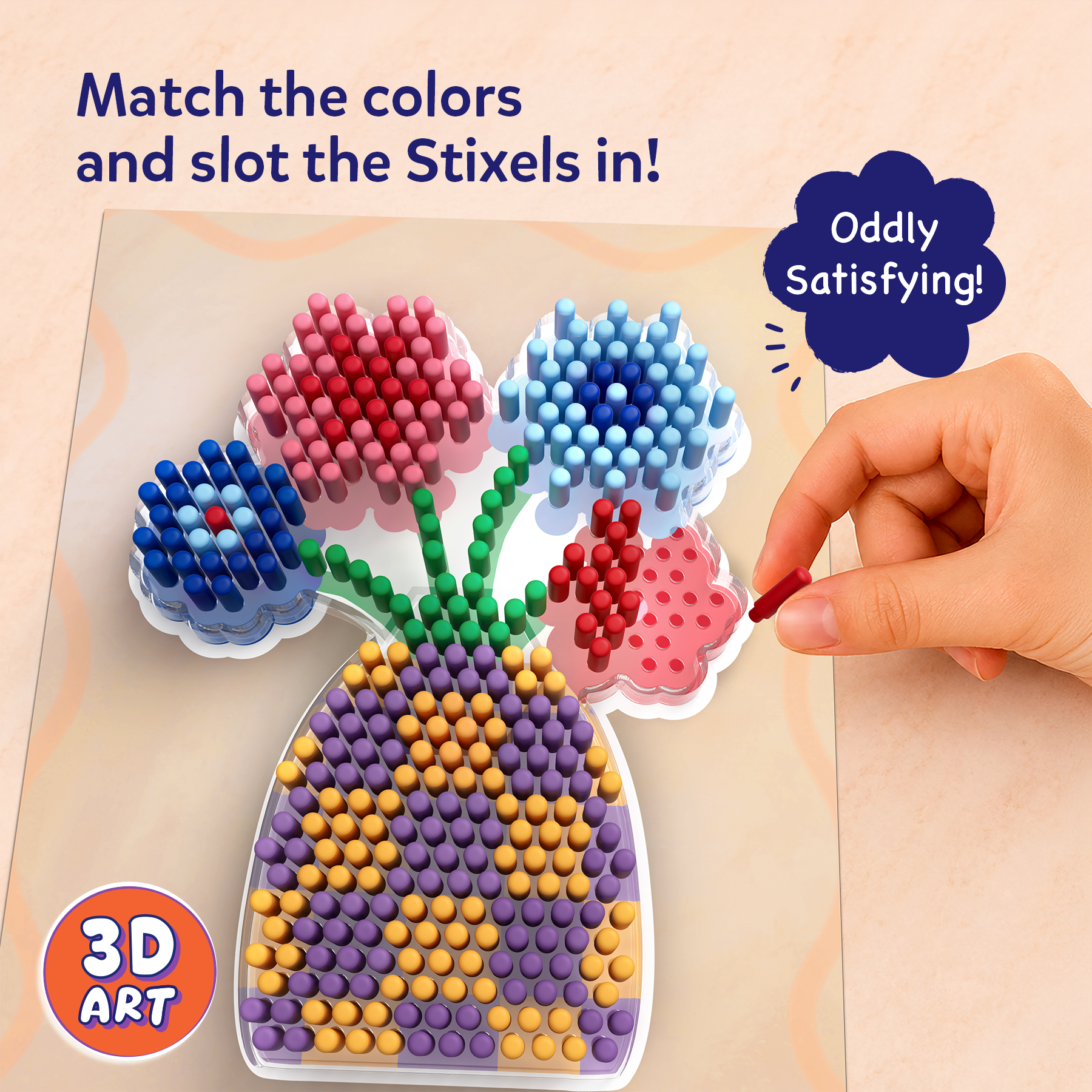 Hand assembling a colorful 3D art creation with Stixels on a wooden board.