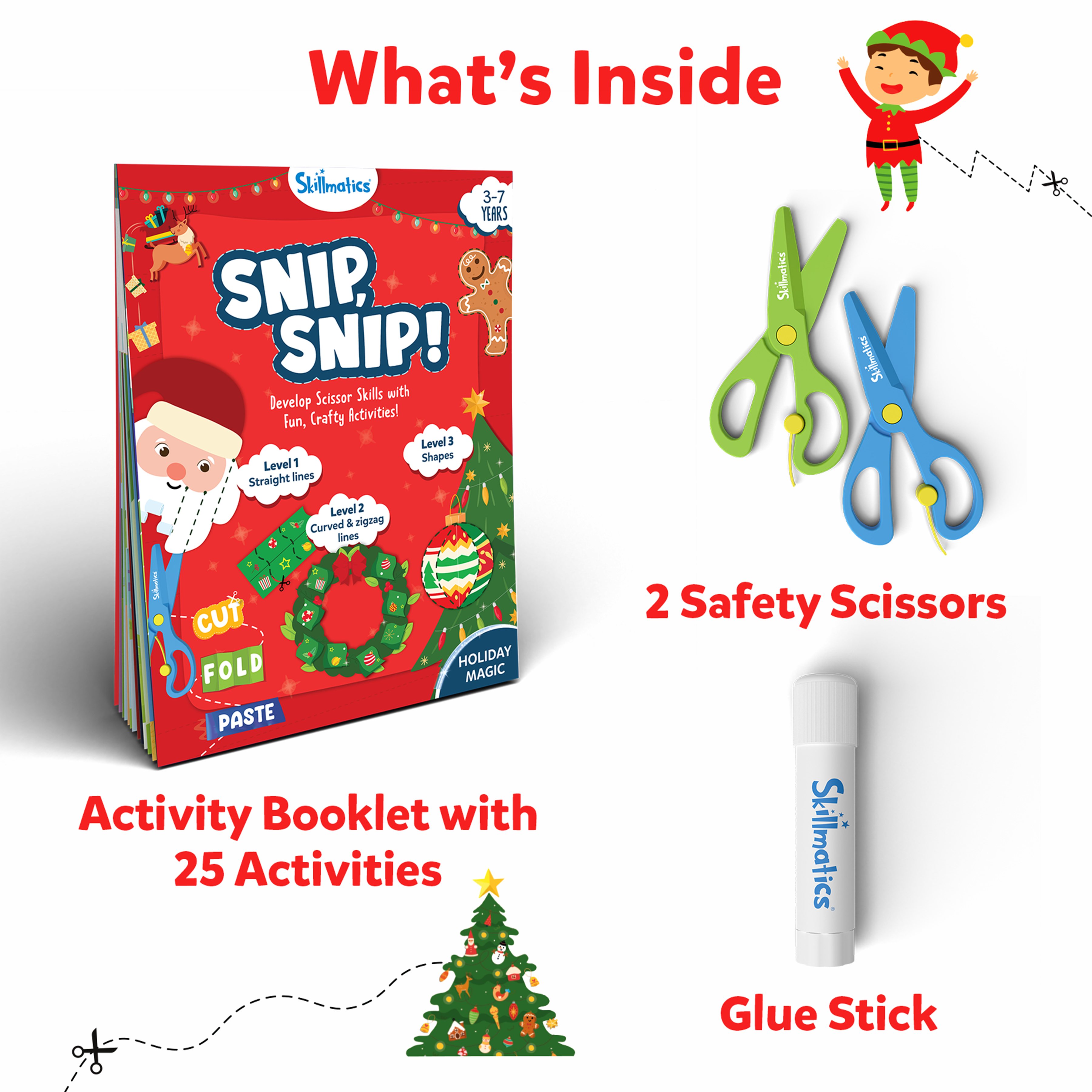 Skillmatics Art & Craft Christmas Kit - Snip, Snip Holiday Magic, Practice Scissor Skills with Activity Book, Fun & Creative, Gifts for Toddlers, Girls & Boys Ages 3, 4, 5, 6, 7