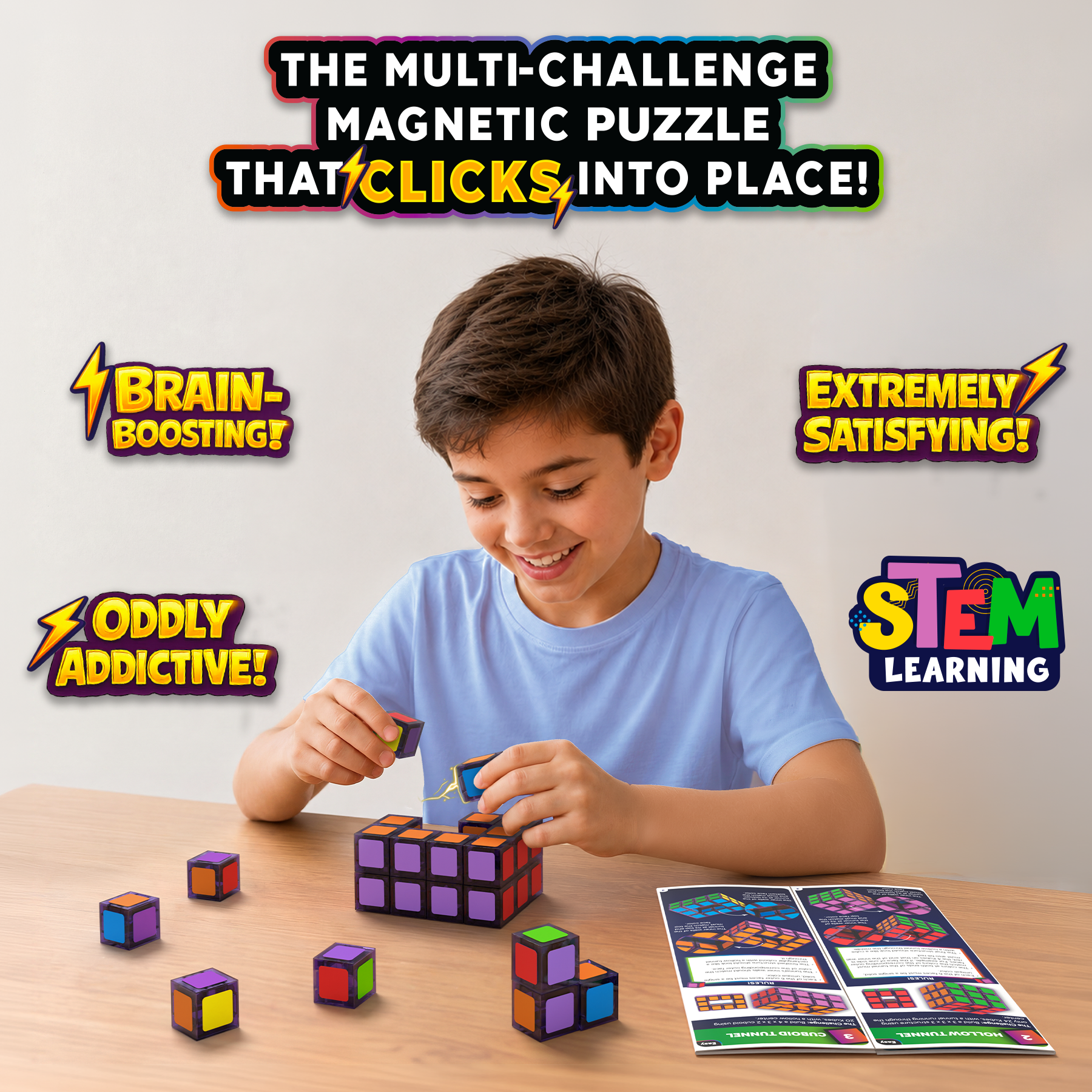 Child playing with a magnetic puzzle on a table, surrounded by promotional text and graphics.