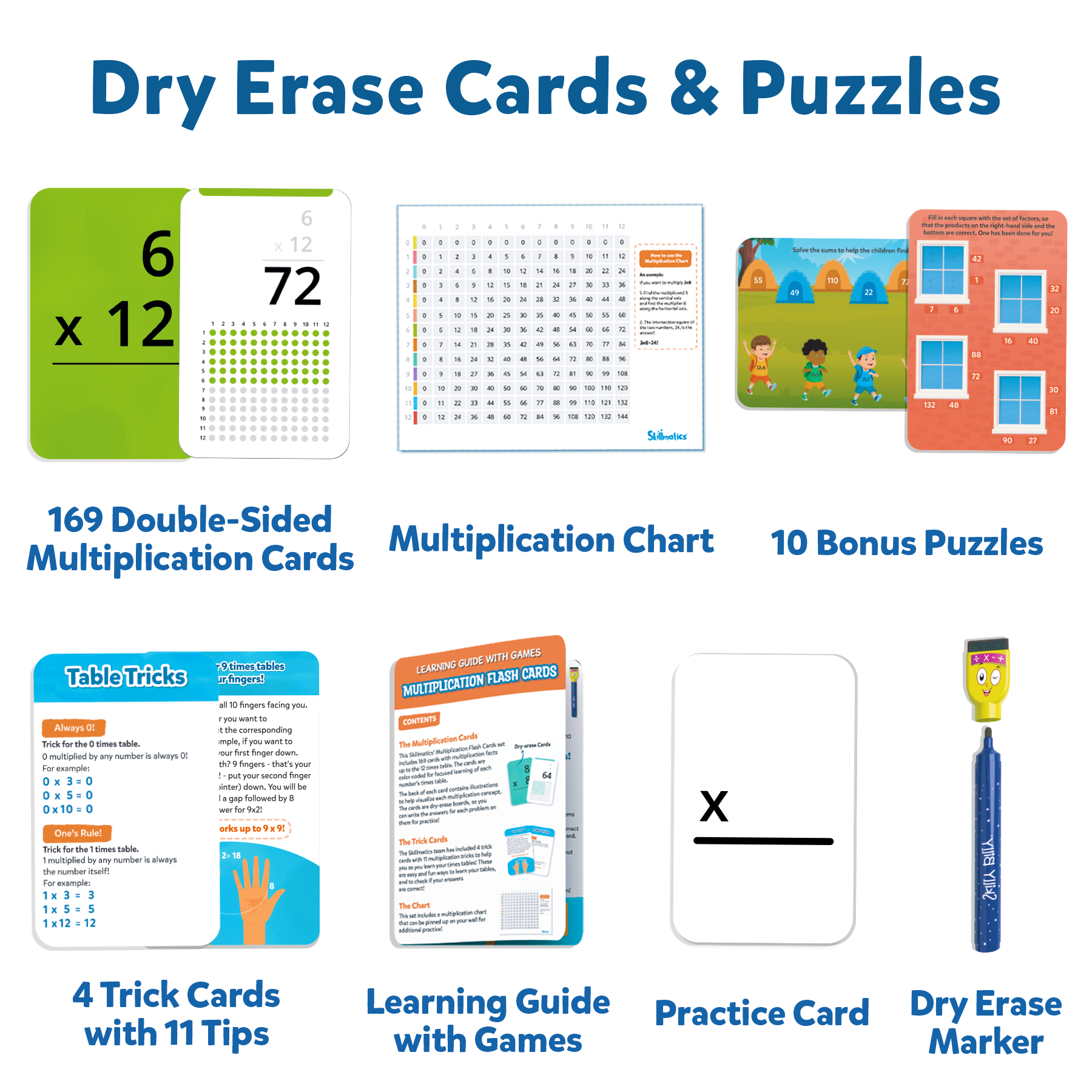 Skillmatics Multiplication Flash Cards (Numbers 0-12) - 169 Cards with Dry Erase Marker, 2nd to 6th Grade Math Practice, Bonus Puzzles, Tips, Tricks, Games & Chart Included
