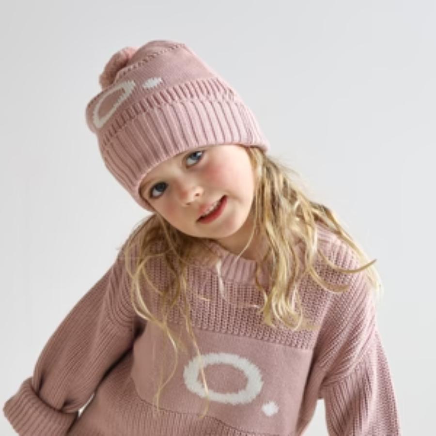 Chunky Knit Letter Beanie - Ballet; Letter: Ivory