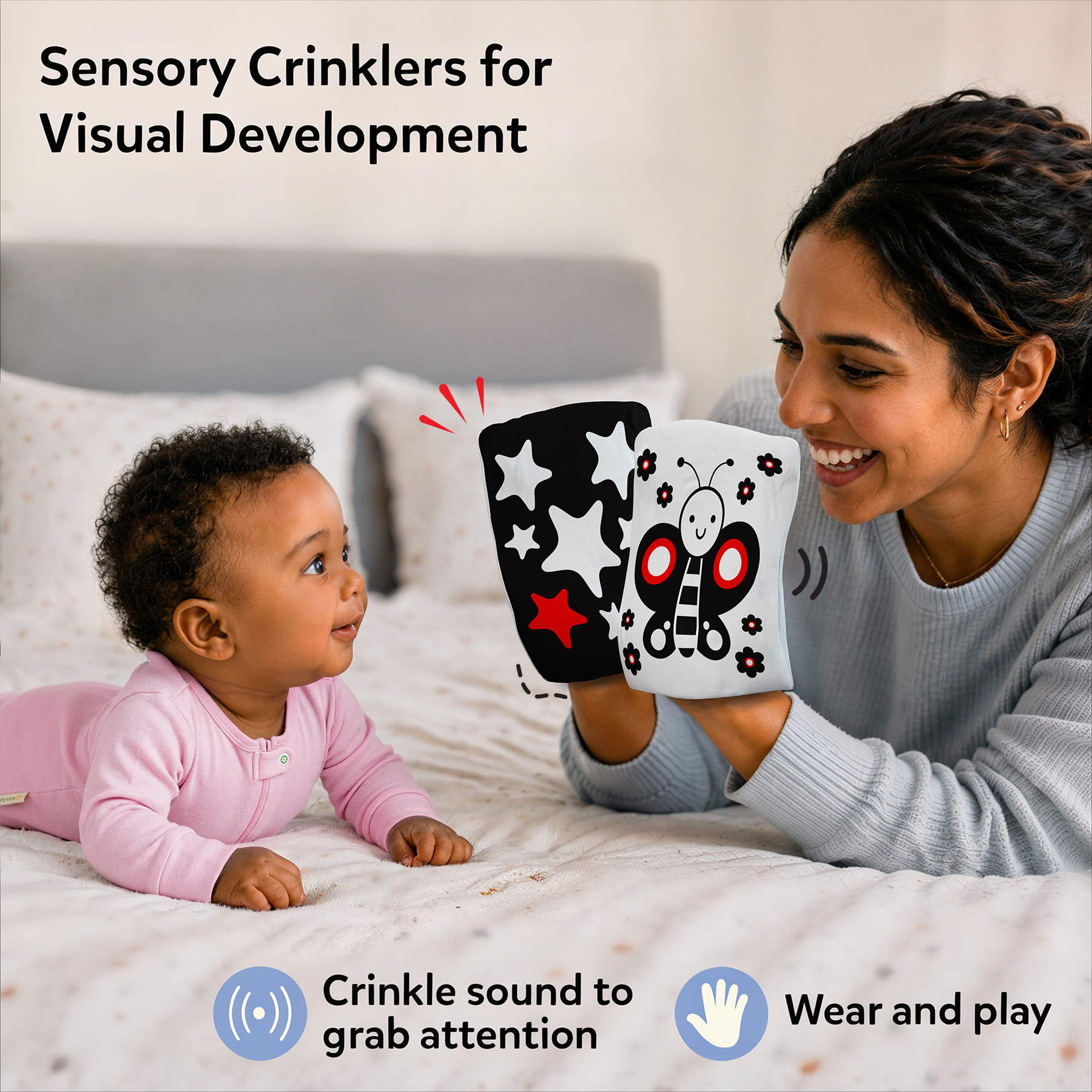 High Contrast Crinkle Toy – 4 Wearable Black & White Sensory Cloth Crinklers