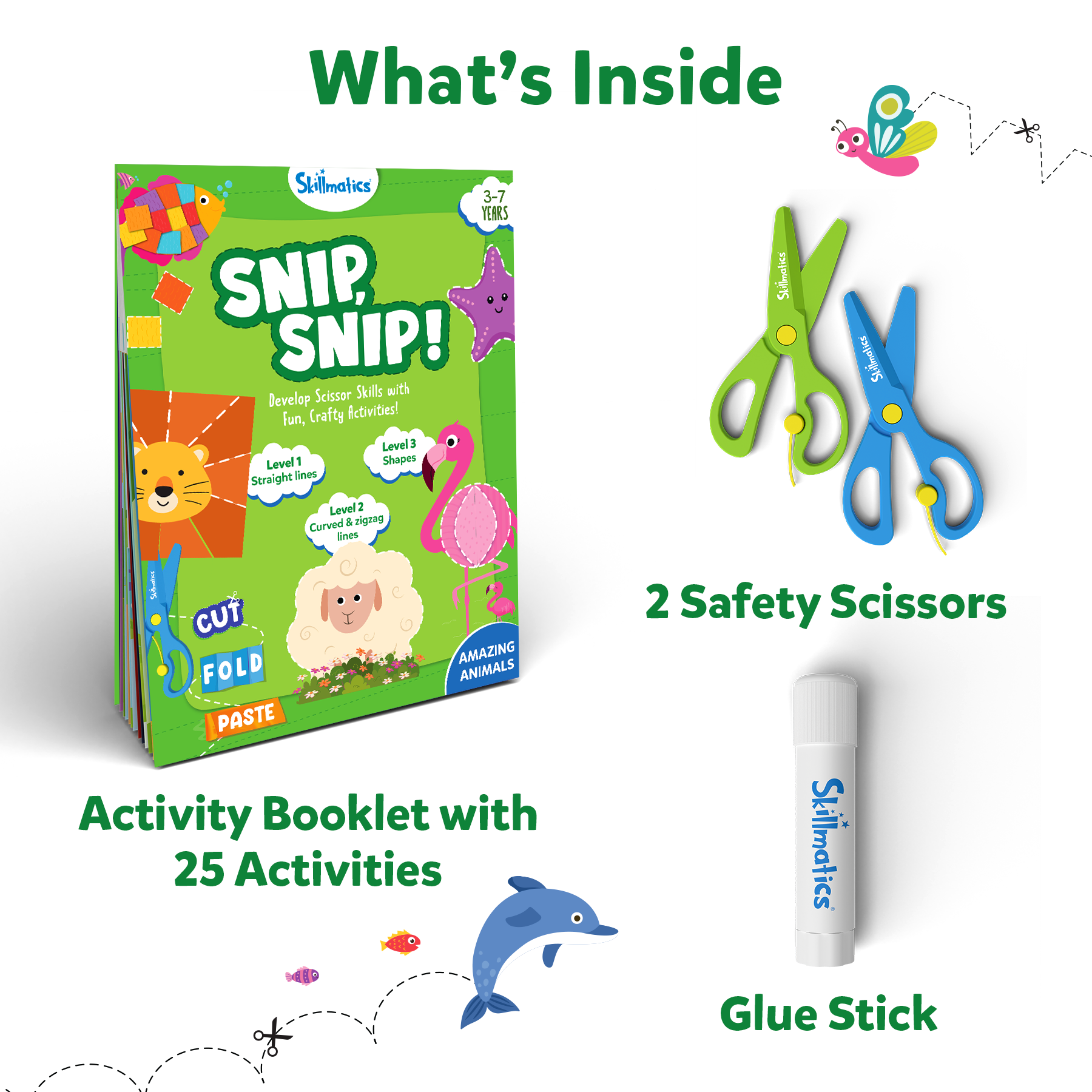 Skillmatics Art & Craft Kit - Snip, Snip Animals, Practice Scissor Skills with Activity Book, Fun & Creative, Gifts for Toddlers, Girls & Boys Ages 3, 4, 5, 6, 7