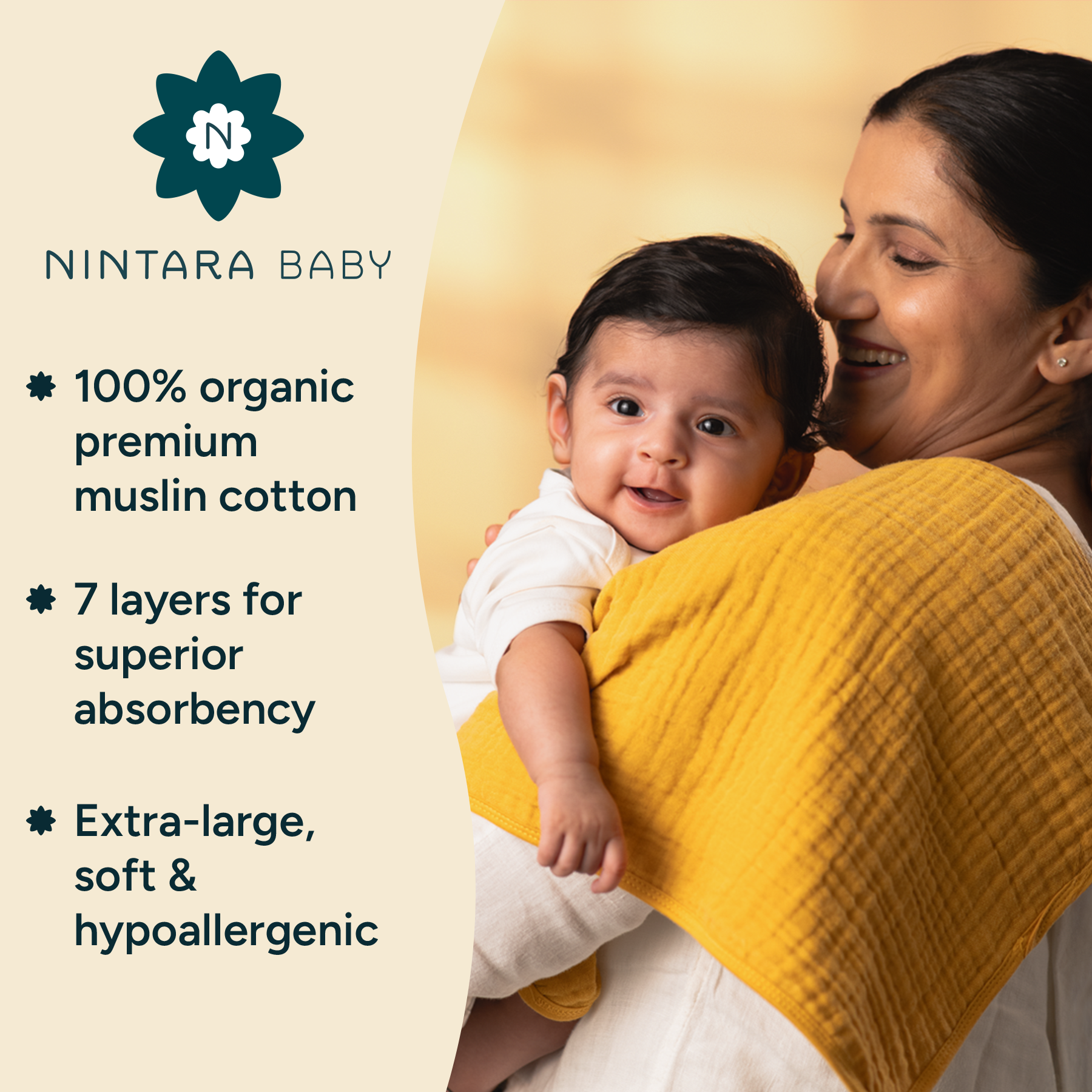 Nintara Baby Burp Cloths - 100% Organic Premium Muslin Cotton, Extra-Large 22" x 12" (55 cm x 30 cm), 7-Layer Absorbent & Waterproof, Reversible, Soft & Hypoallergenic, Gifts for Newborns