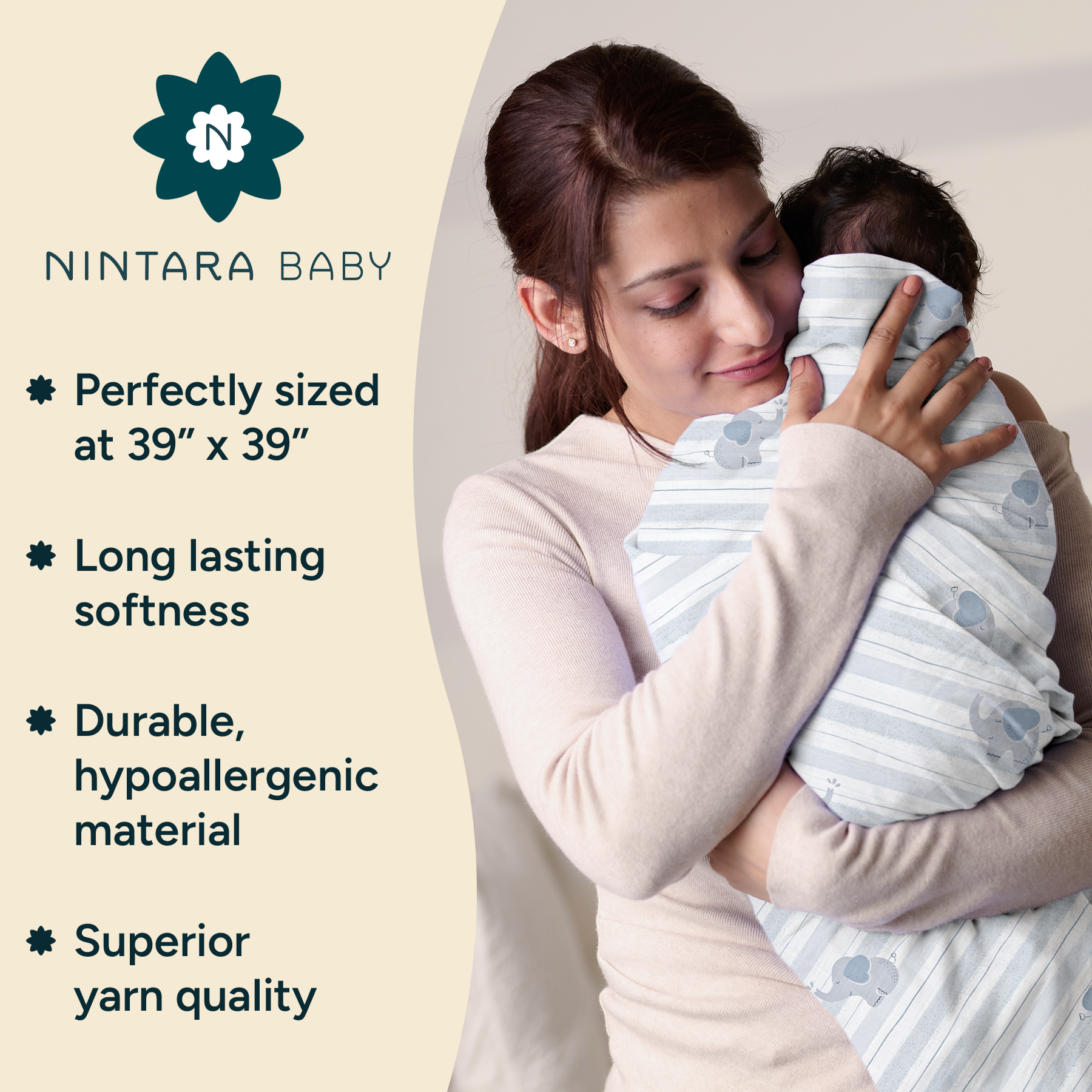 Nintara Baby Swaddle - 100% Organic Premium Muslin Cotton, 39" x 39" (100 cm x 100 cm), Ultra-Soft, Breathable & Lightweight, Multipurpose, Unisex, Hypoallergenic, Gifts for Newborn Babies