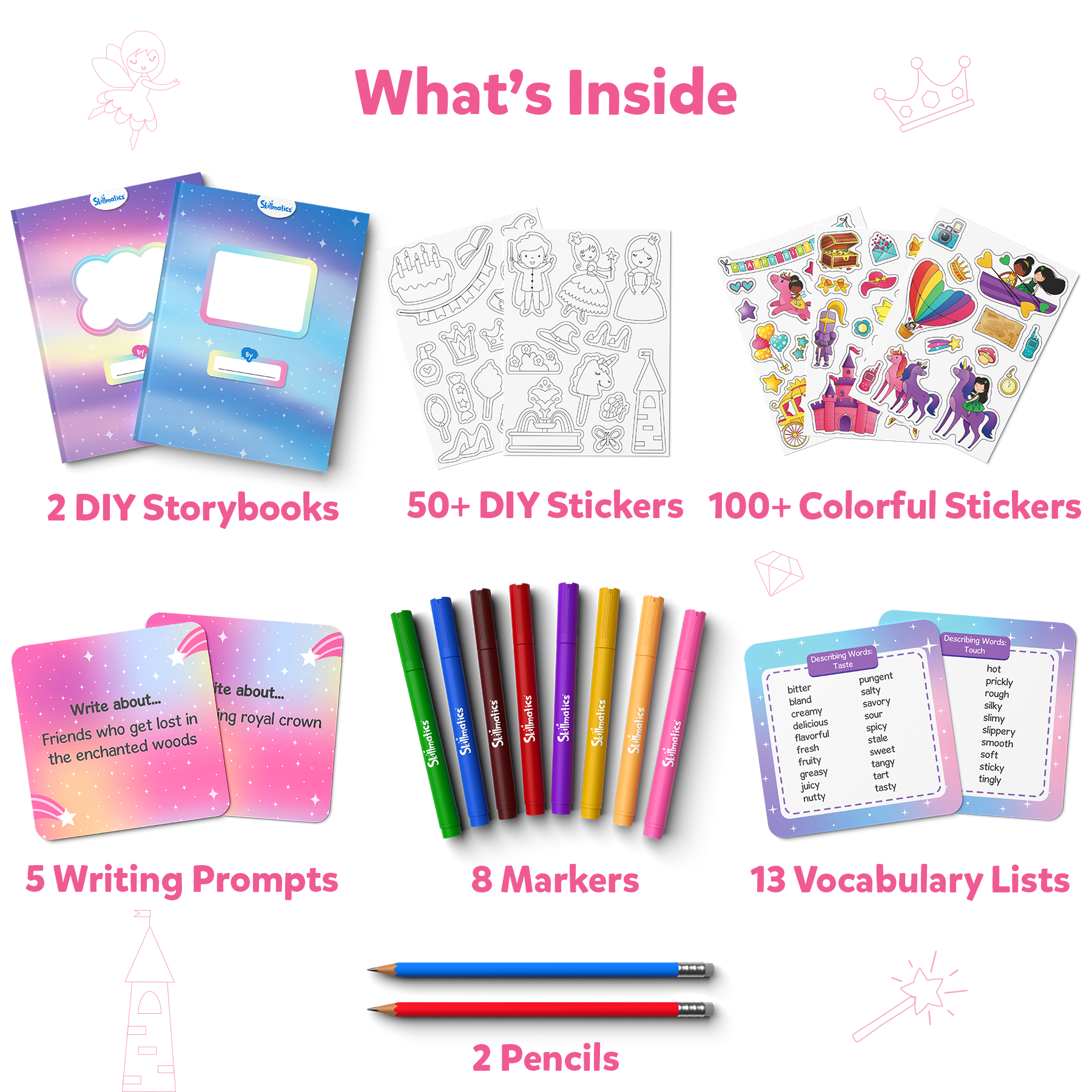 Skillmatics Storybook Art Kit - Unicorn & Princesses Art Kit for Kids, Write & Create Fairytale Storybooks, Creative Activity for Girls, DIY Kit, 150+ Stickers, Gifts for Ages 5, 6, 7, 8, 9, 10
