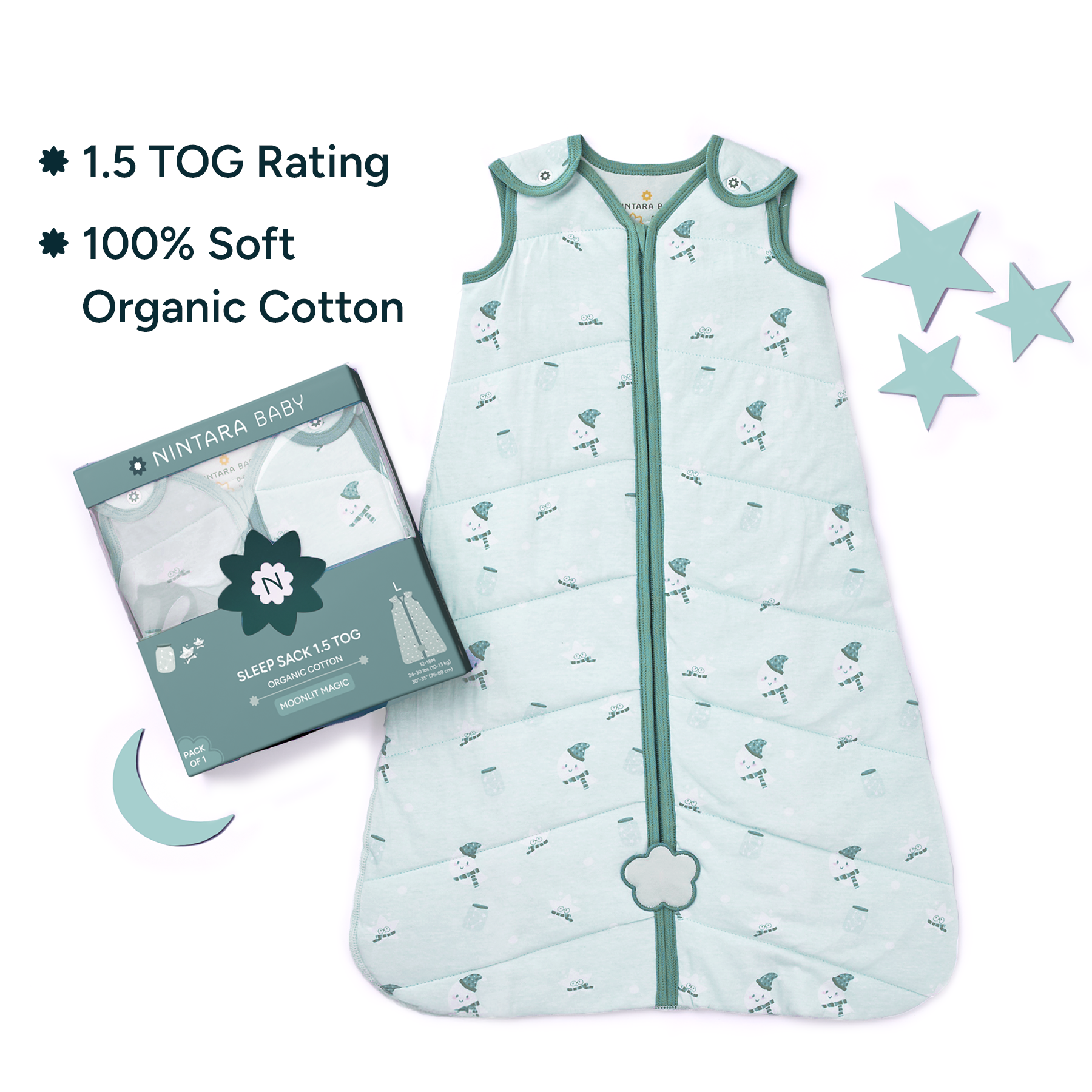 Nintara Baby 1.5 TOG Sleep Sack - Premium Organic Cotton, Soft, Breathable, Wearable Blanket for Newborns, Infants & Toddlers (0-24 Months), Unisex Baby Sleeping Bag, Gifts for Babies