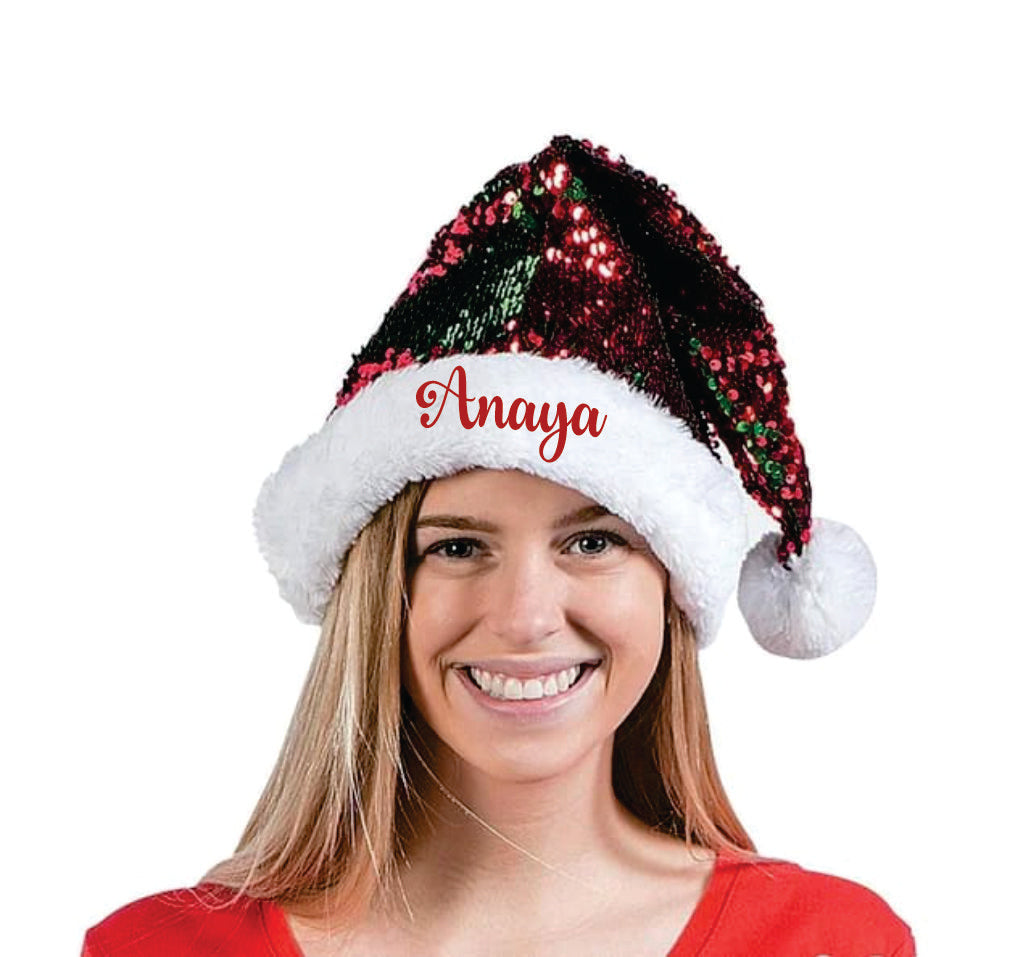 Personalised Sequins Santa Caps - (Green And Red)