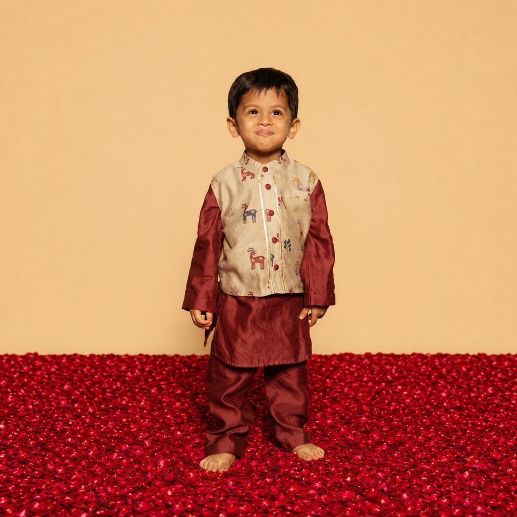 Chanderi Kurta Pyjama & Bandi Set | Hand-Block Printed (Gota Work)