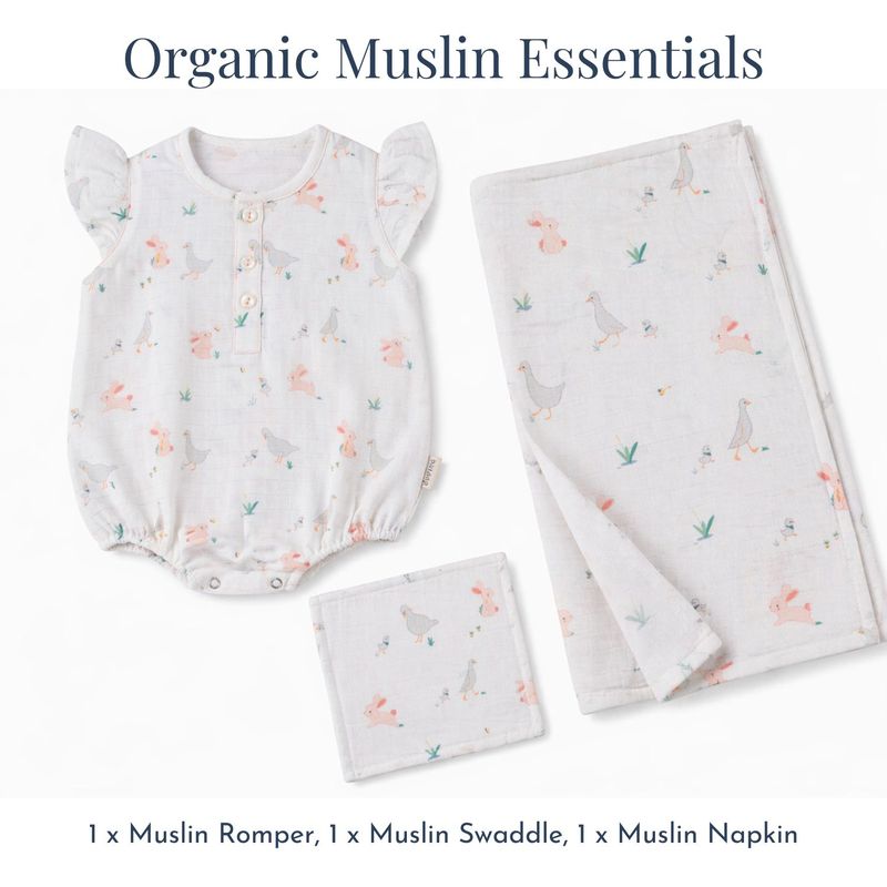 Organic Muslin Essentials (Set of 3) - 1 Swaddle + 1 Romper + 1 Face Napkin