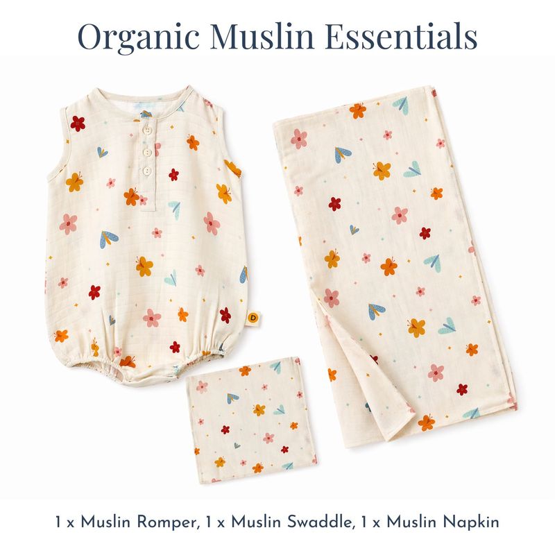 Organic Muslin Essentials (Set of 3) - 1 Swaddle + 1 Romper + 1 Face Napkin