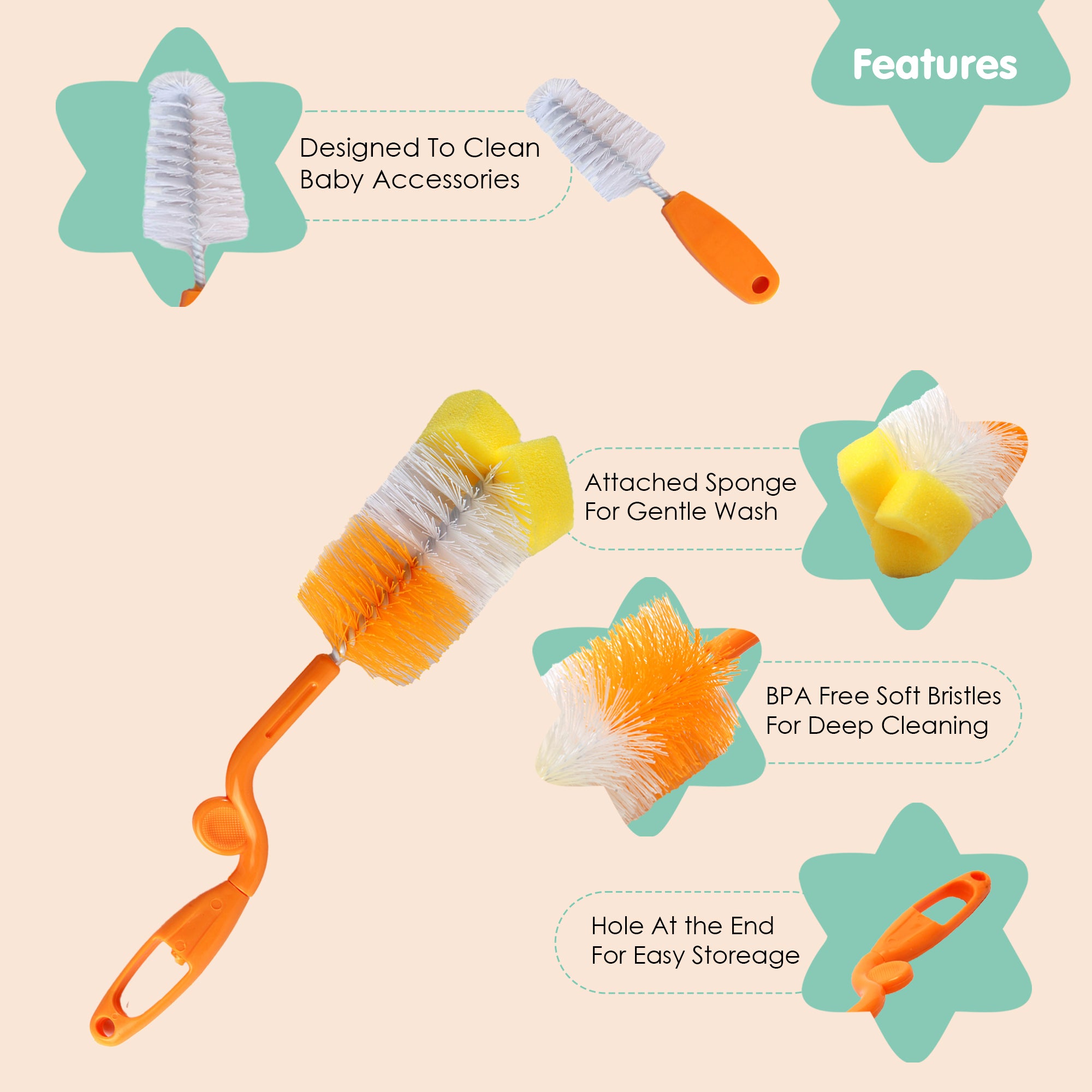 Twist And Turn Orange Bottle And Nipple Cleaning Brush Set of 2