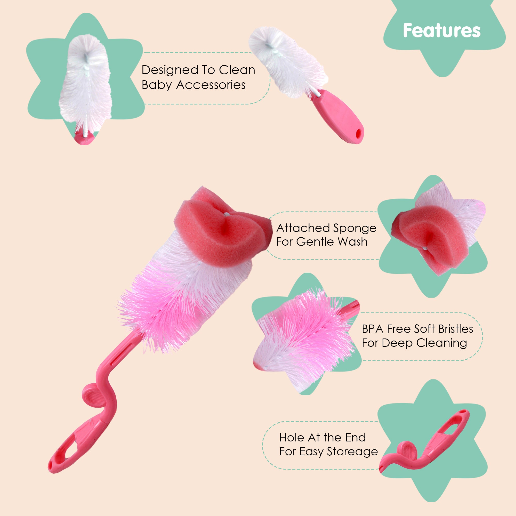 Twist And Turn Pink Bottle And Nipple Cleaning Brush Set of 2