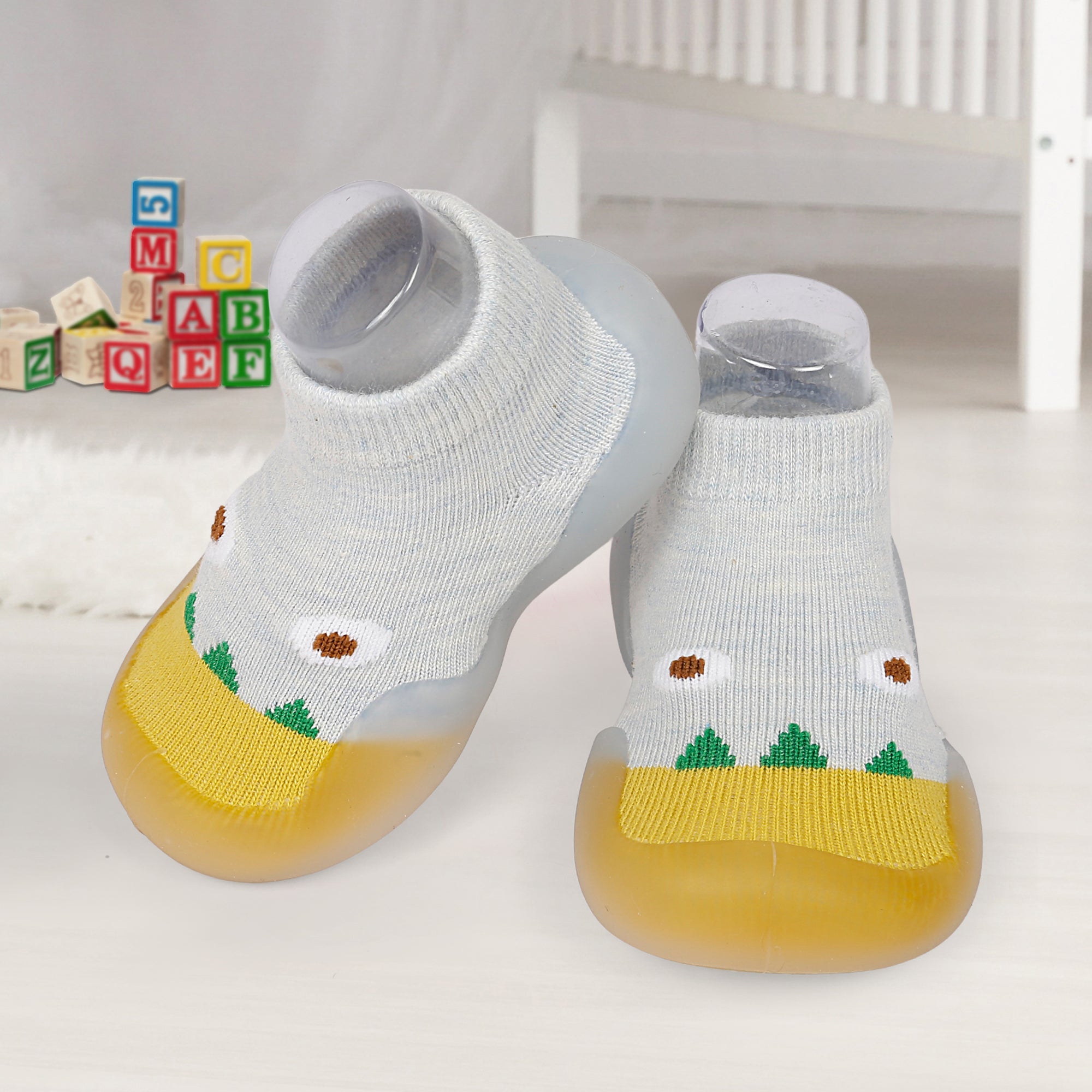 Cute Eye Anti-Skid Slip-On Rubber Sole Shoes - Grey, Yellow - Baby Moo