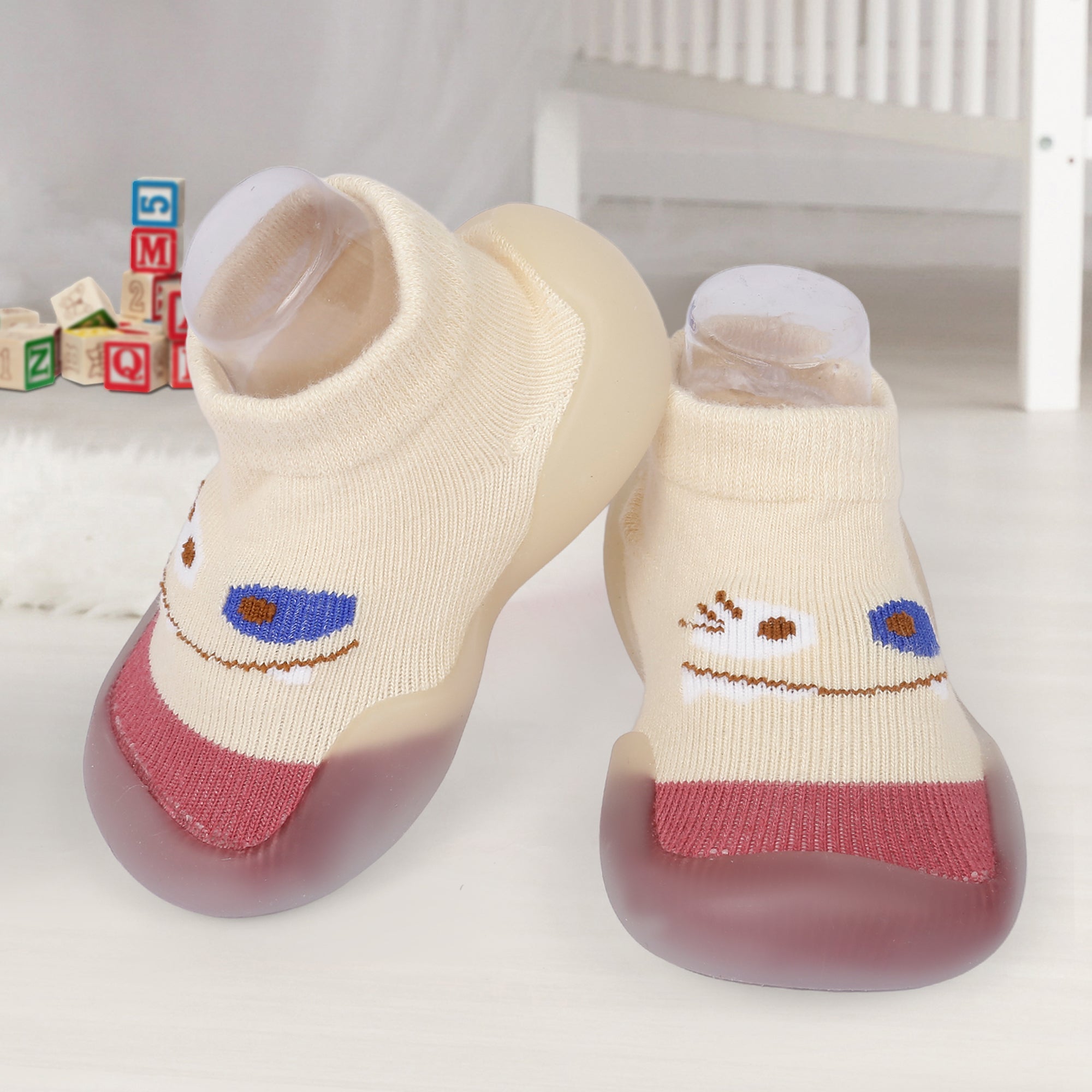 Cute Eye Anti-Skid Slip-On Rubber Sole Shoes - Cream, Maroon - Baby Moo