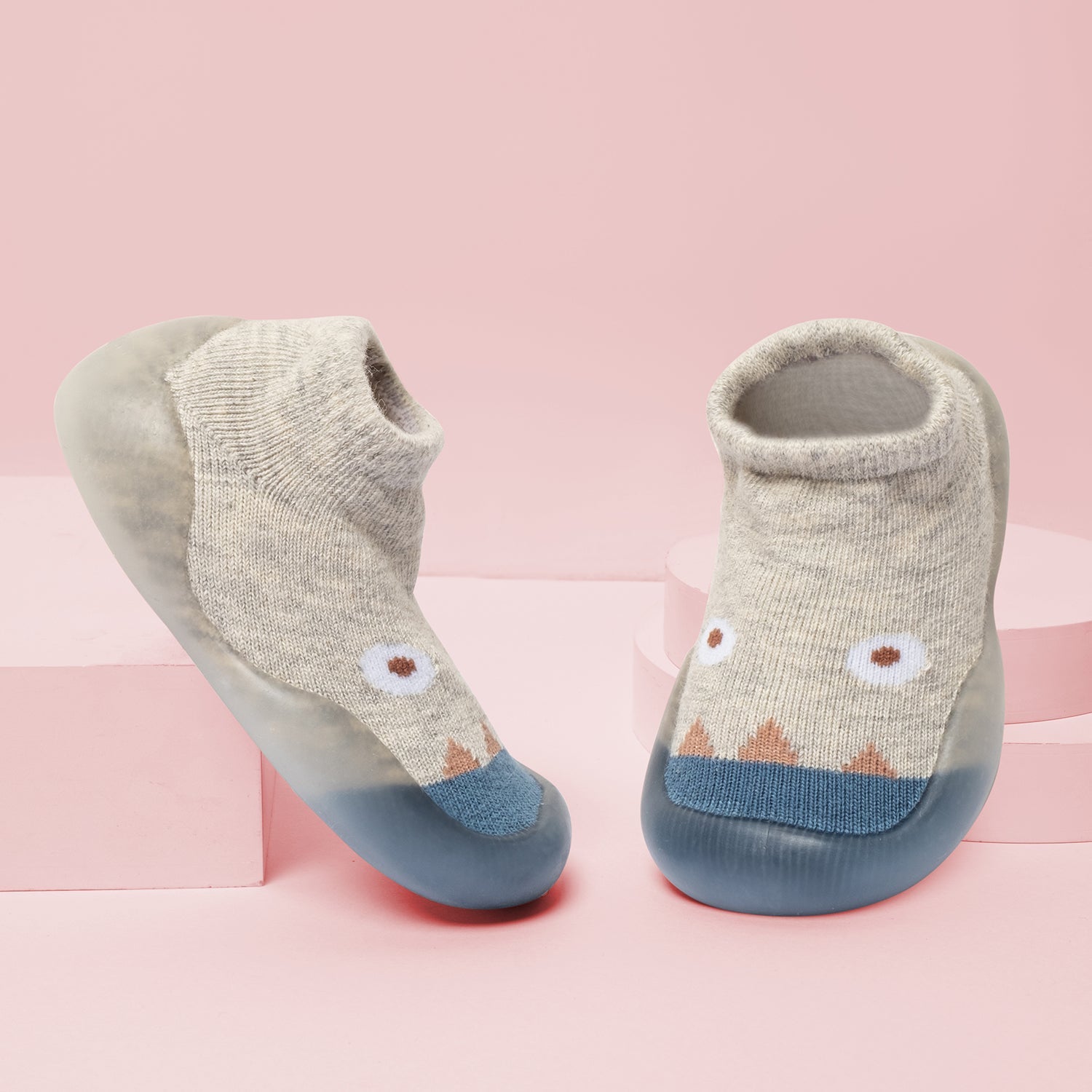 Baby Moo Cute Eye Anti-Skid Rubber Sole Comfy Slip-On Sock Shoes - Grey