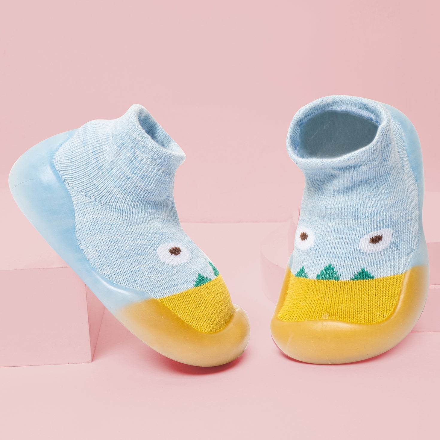 Baby Moo Cute Eye Anti-Skid Rubber Sole Comfy Slip-On Sock Shoes - Blue, Mustard
