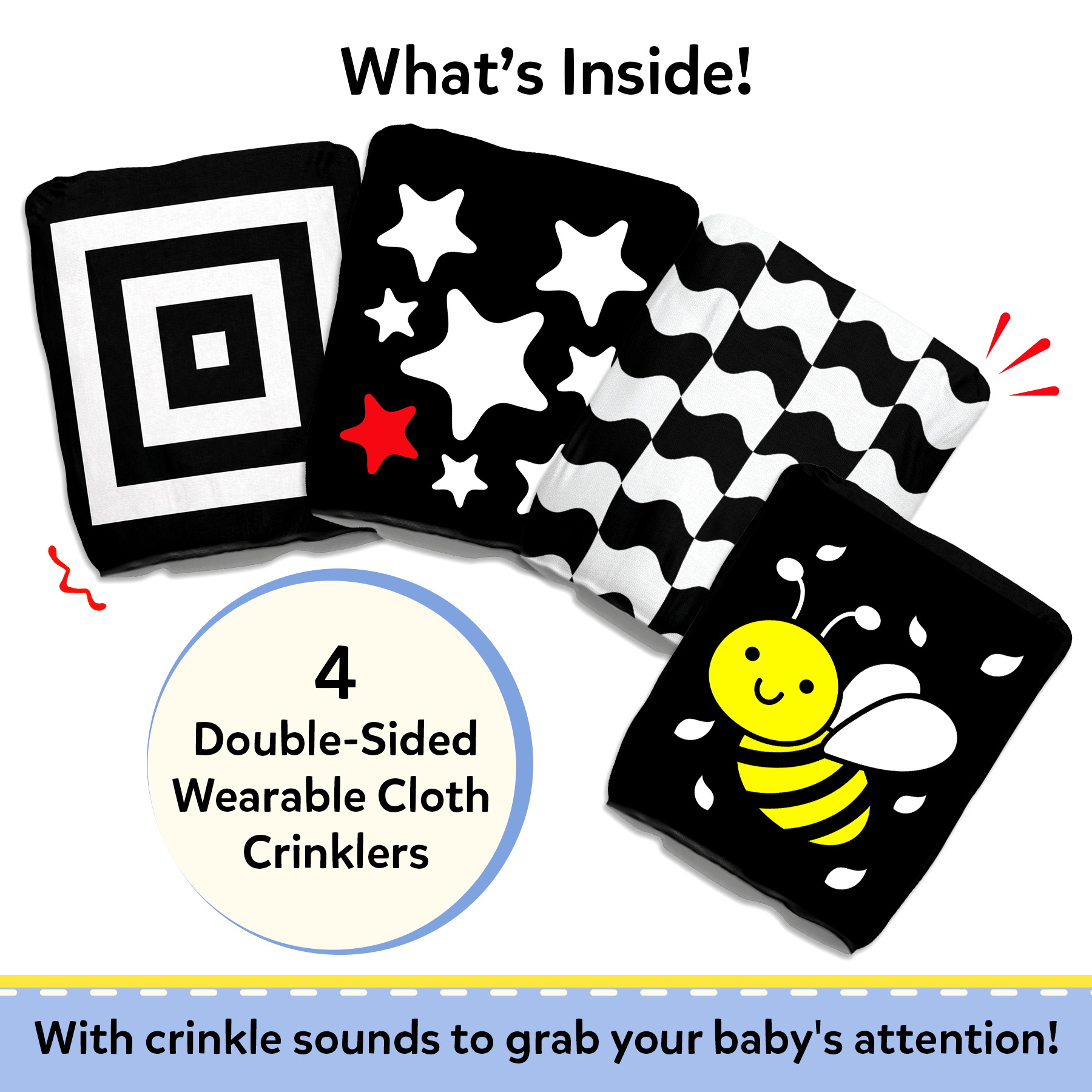 High Contrast Crinkle Toy – 4 Wearable Black & White Sensory Cloth Crinklers