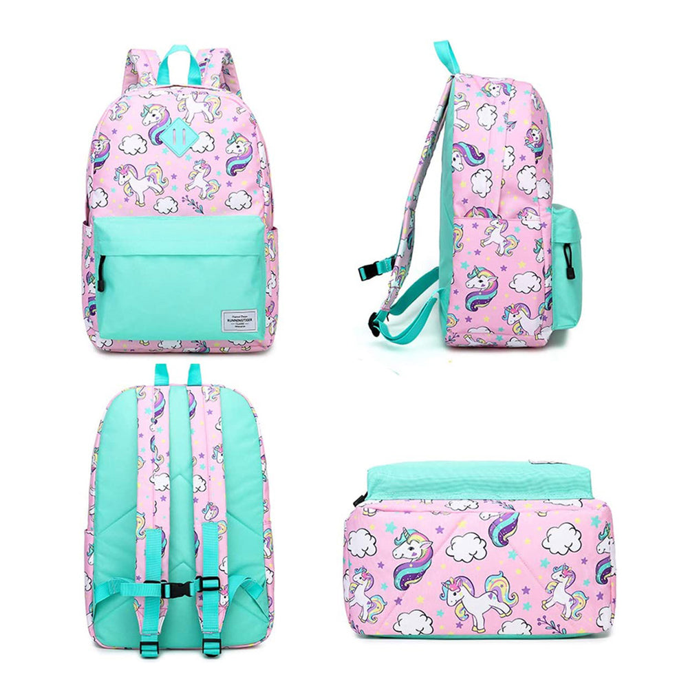 Clouds & Unicorns 3 Pcs Matching Backpack With Lunch Bag & Stationery Pouch, Green & Pink