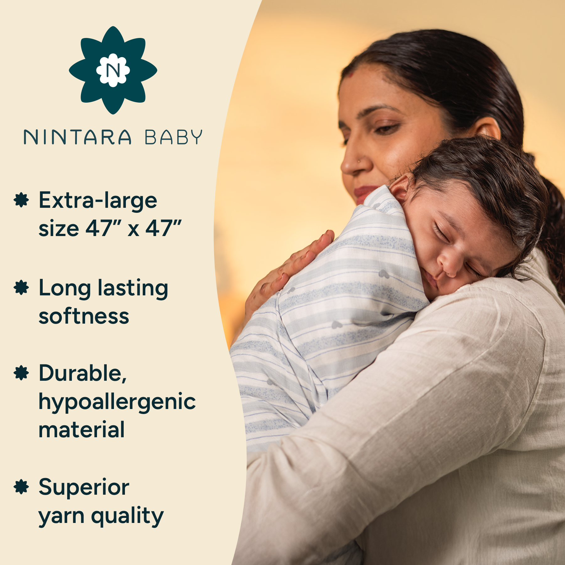 Nintara Baby Extra-Large Swaddle - 100% Organic Premium Muslin Cotton, 47" x 47" (119 cm x 119 cm), Ultra-Soft, Breathable & Lightweight, Multipurpose, Unisex, Hypoallergenic, Gifts for Newborn Babies