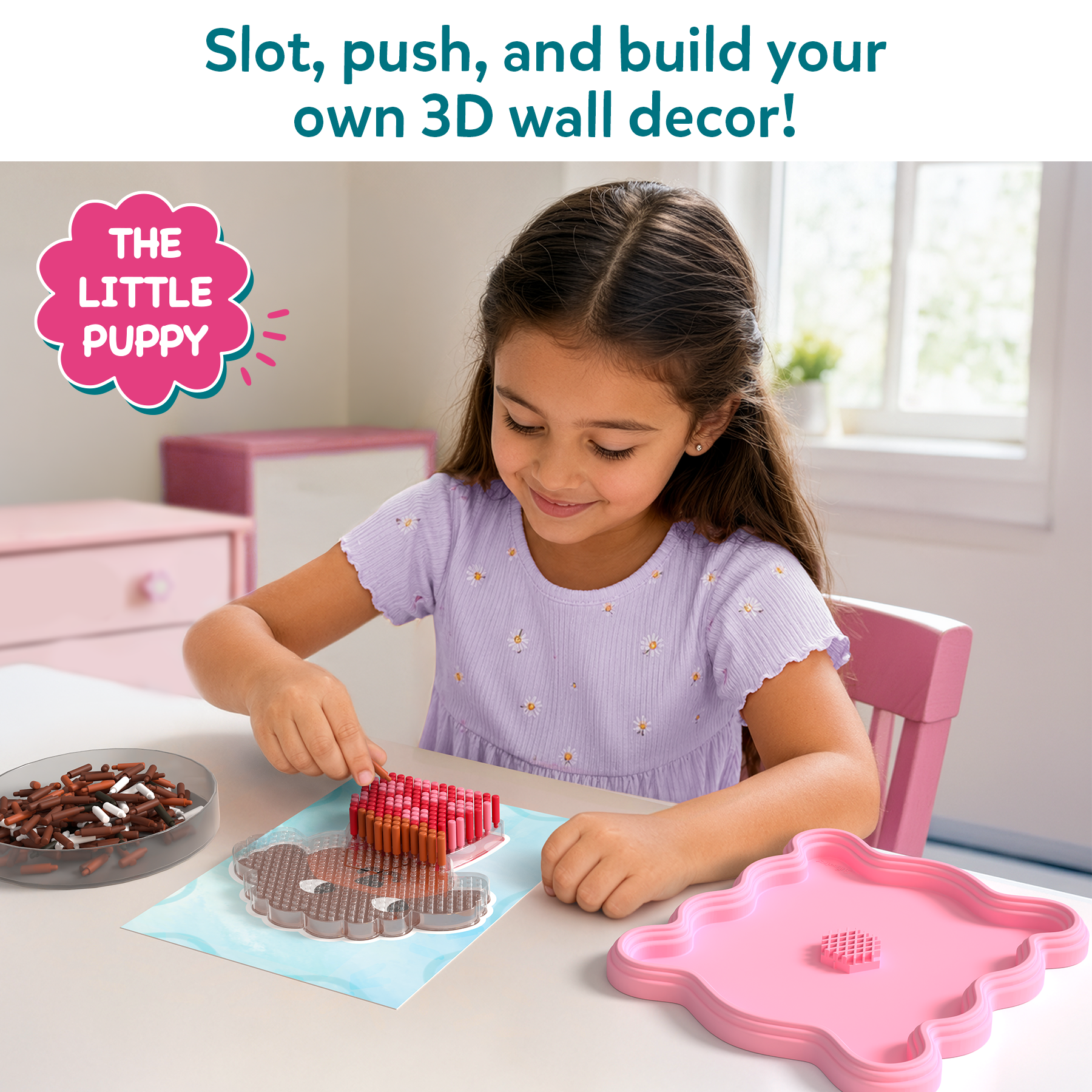 Girl playing with a toy set on a table, with text promoting 3D wall decor.