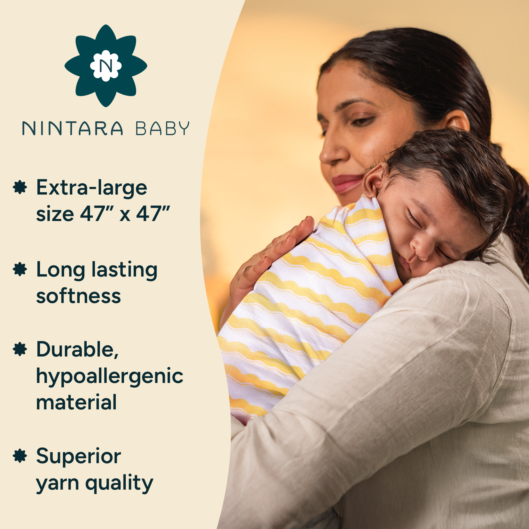 Nintara Baby Extra-Large Swaddle - 100% Organic Premium Muslin Cotton, 47" x 47" (119 cm x 119 cm), Ultra-Soft, Breathable & Lightweight, Multipurpose, Unisex, Hypoallergenic, Gifts for Newborn Babies